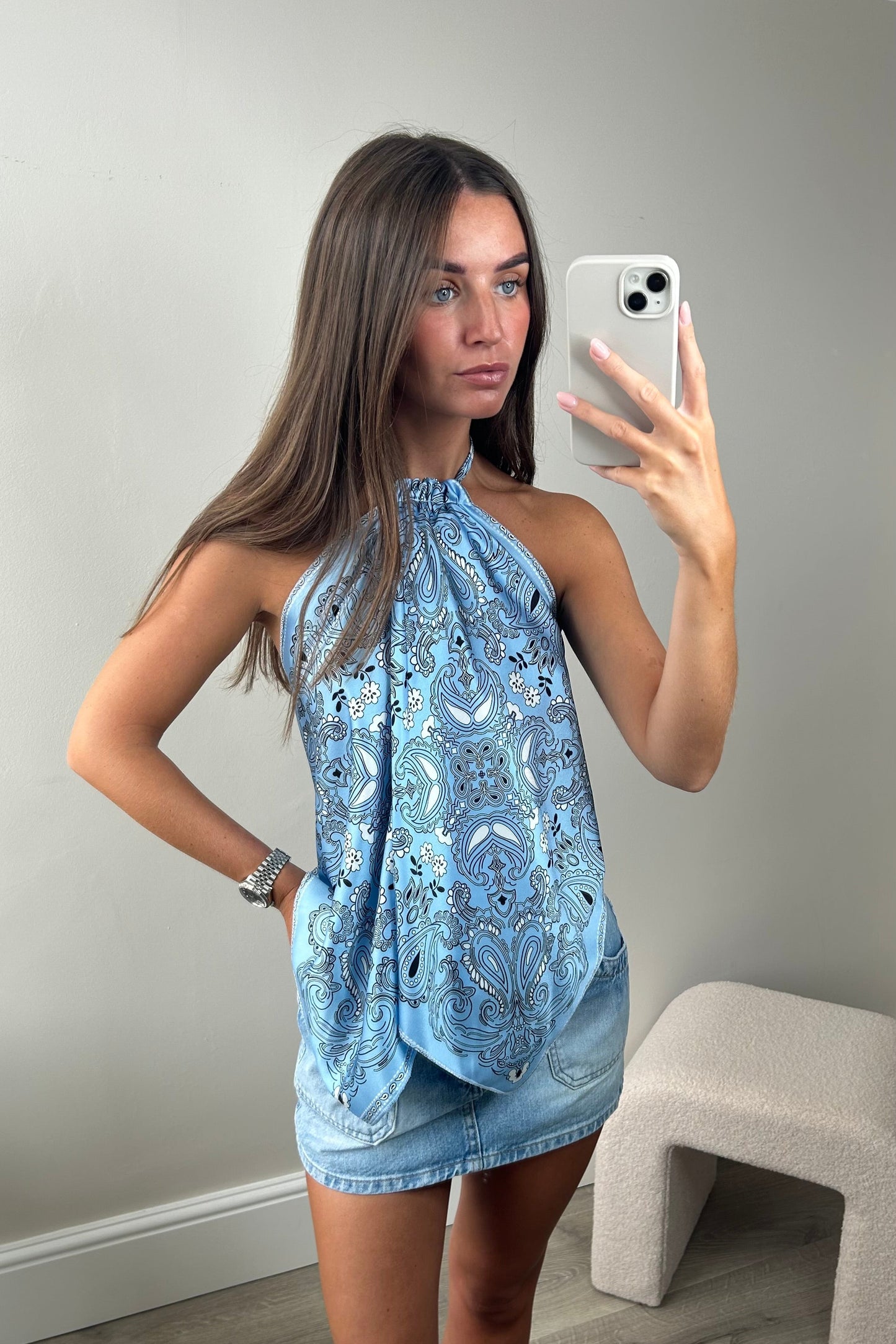HANKY PATTERNED BACKLESS TOP - BLUE