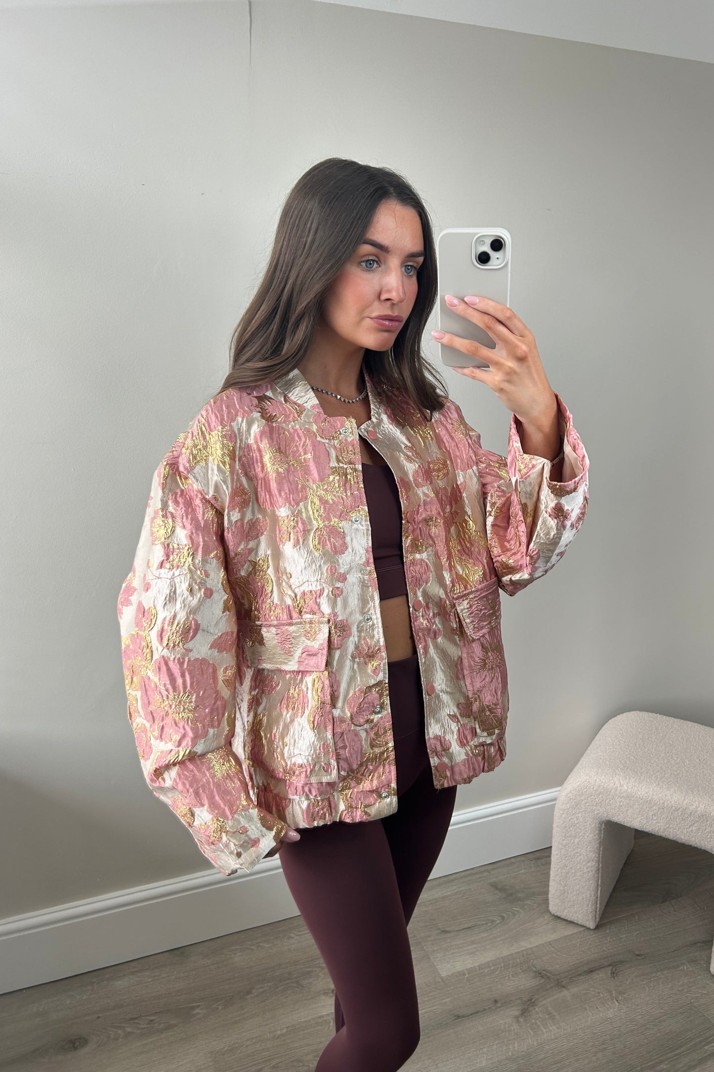 FLORAL METALLIC BOMBER JACKET - PINK
