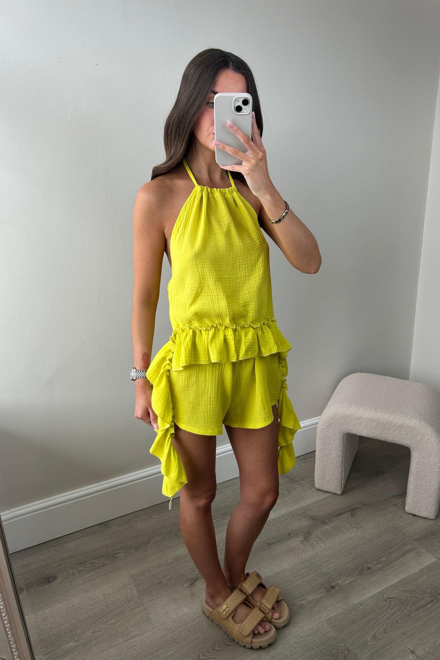 HALTERNECK RUFFLE TOP & SHORTS SET - YELLOW