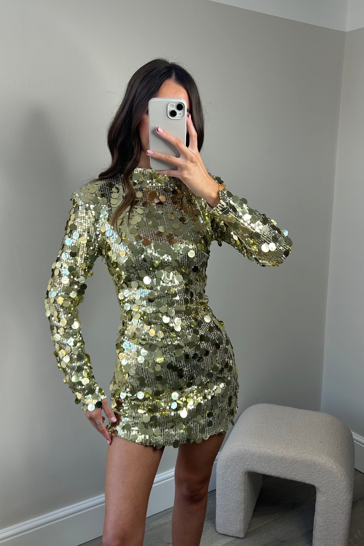 LONG SLEEVE SEQUIN DRESS - GOLD