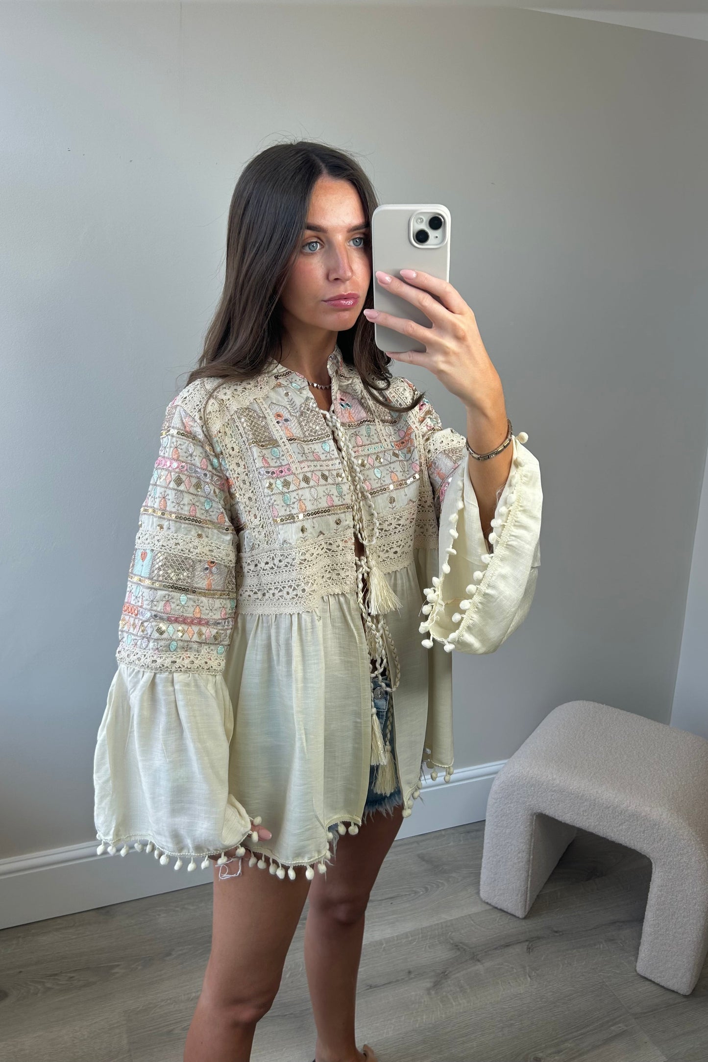 EMBROIDERED SEQUIN JACKET - BEIGE
