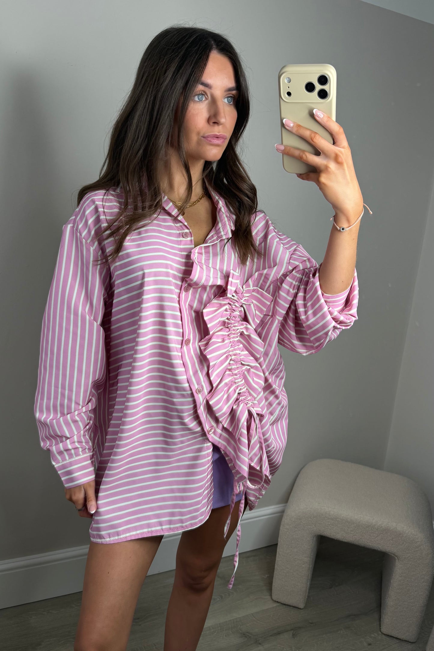 ‘ELSIE’ STRIPED RUCHED SHIRT - PINK
