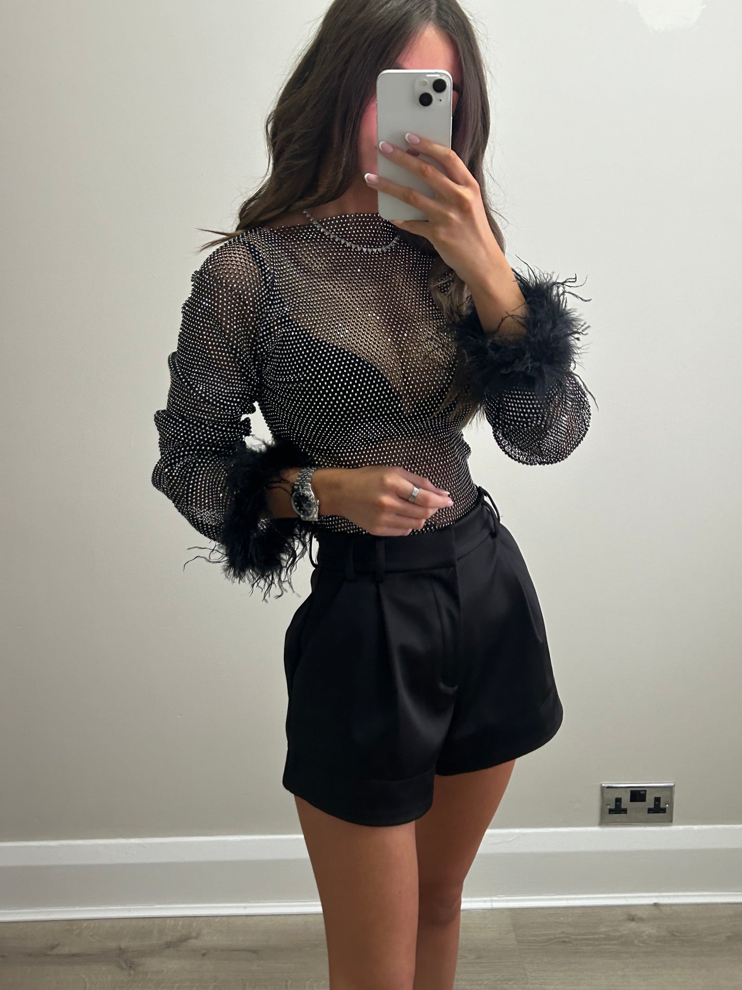 Black Diamante top with feather sleeve