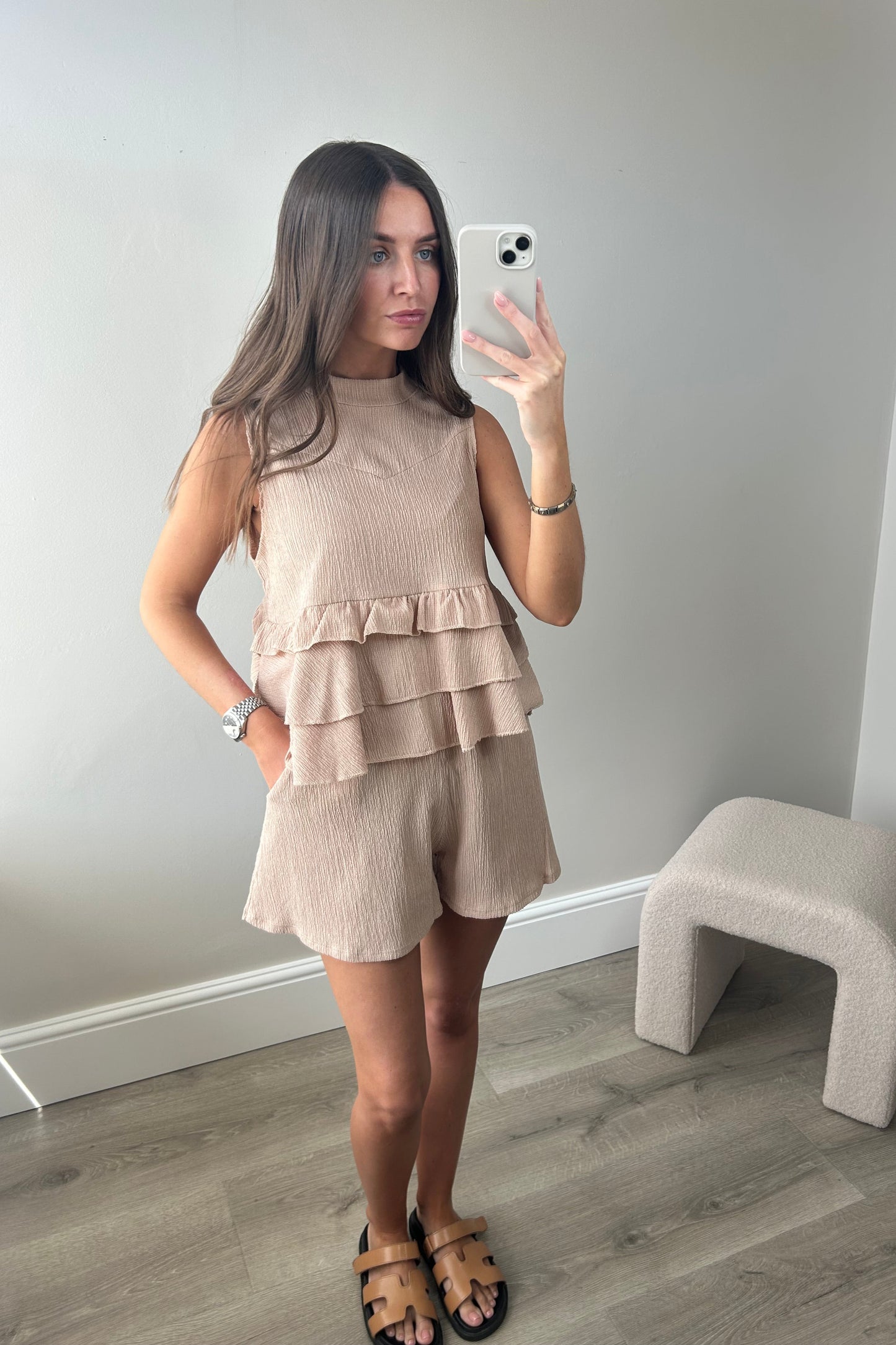 BEIGE RUFFLE TOP & SHORT SET