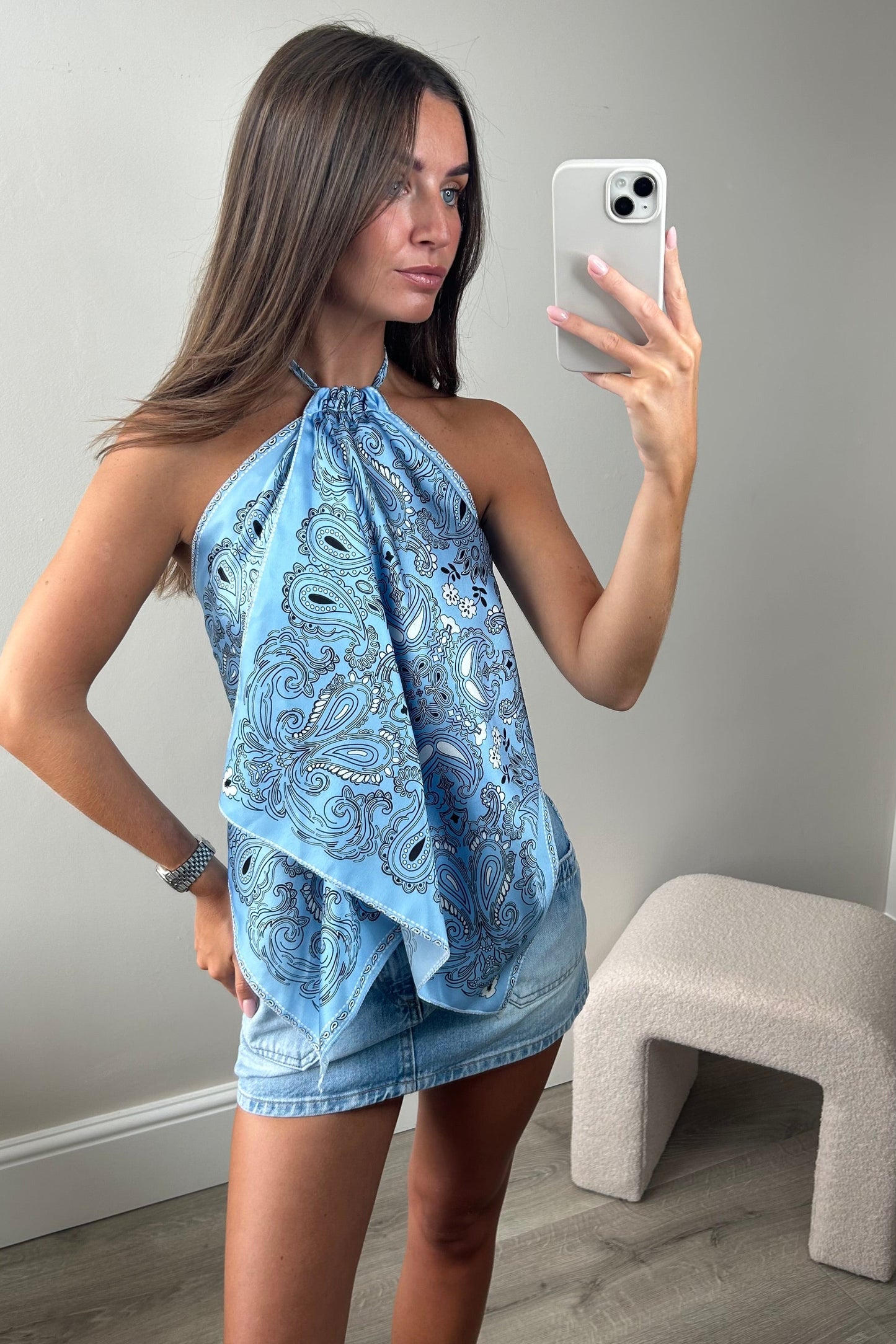 HANKY PATTERNED BACKLESS TOP - BLUE