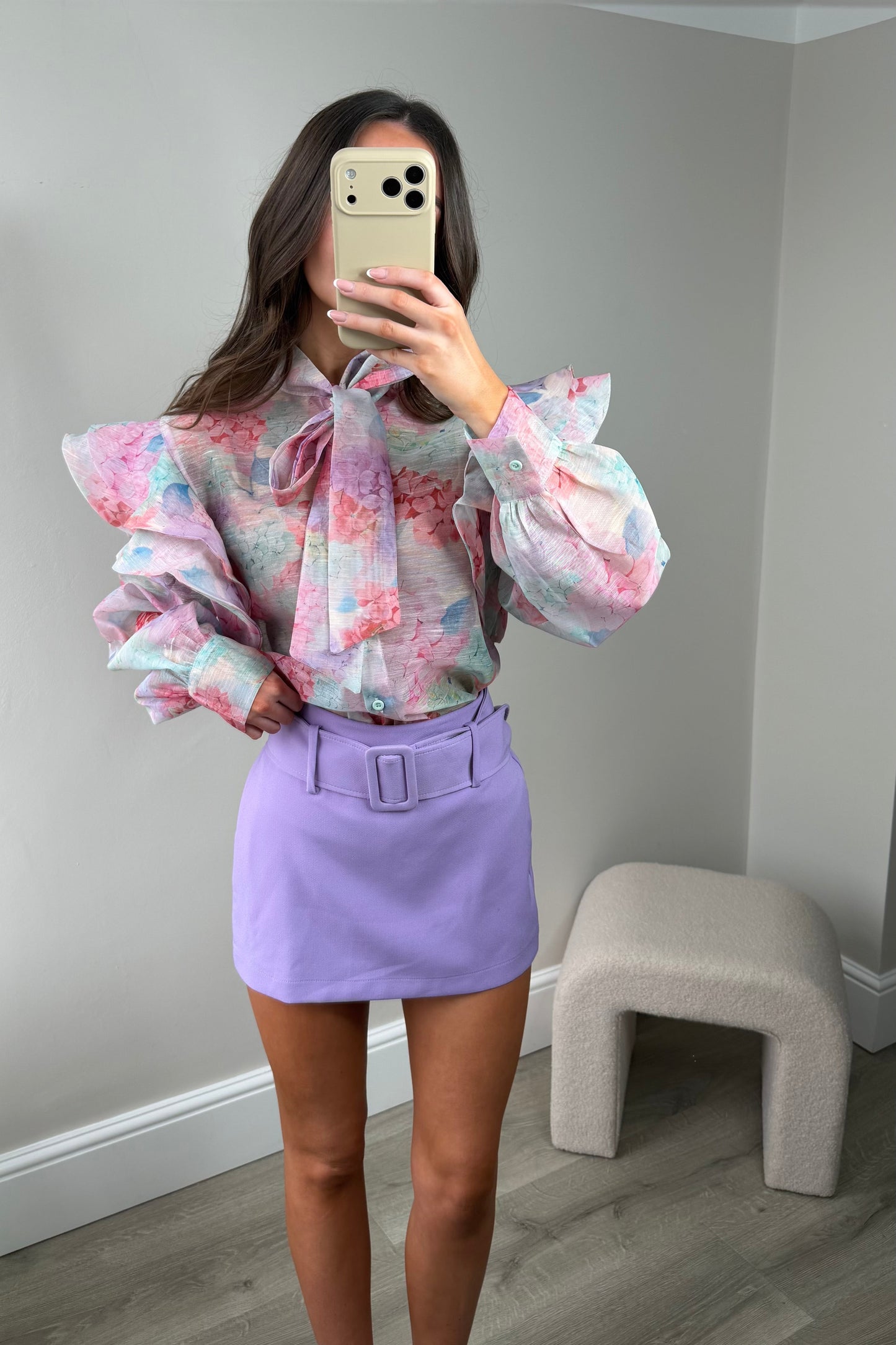 FRILLED FLORAL NECK TIE BLOUSE