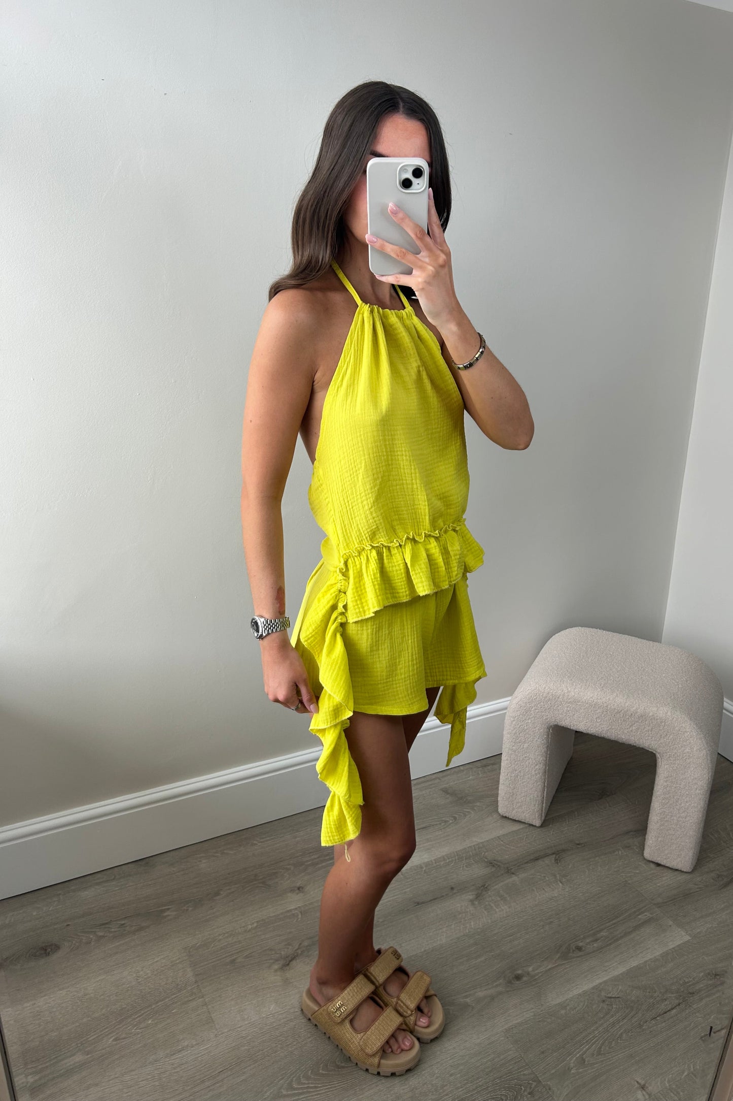 HALTERNECK RUFFLE TOP & SHORTS SET - YELLOW