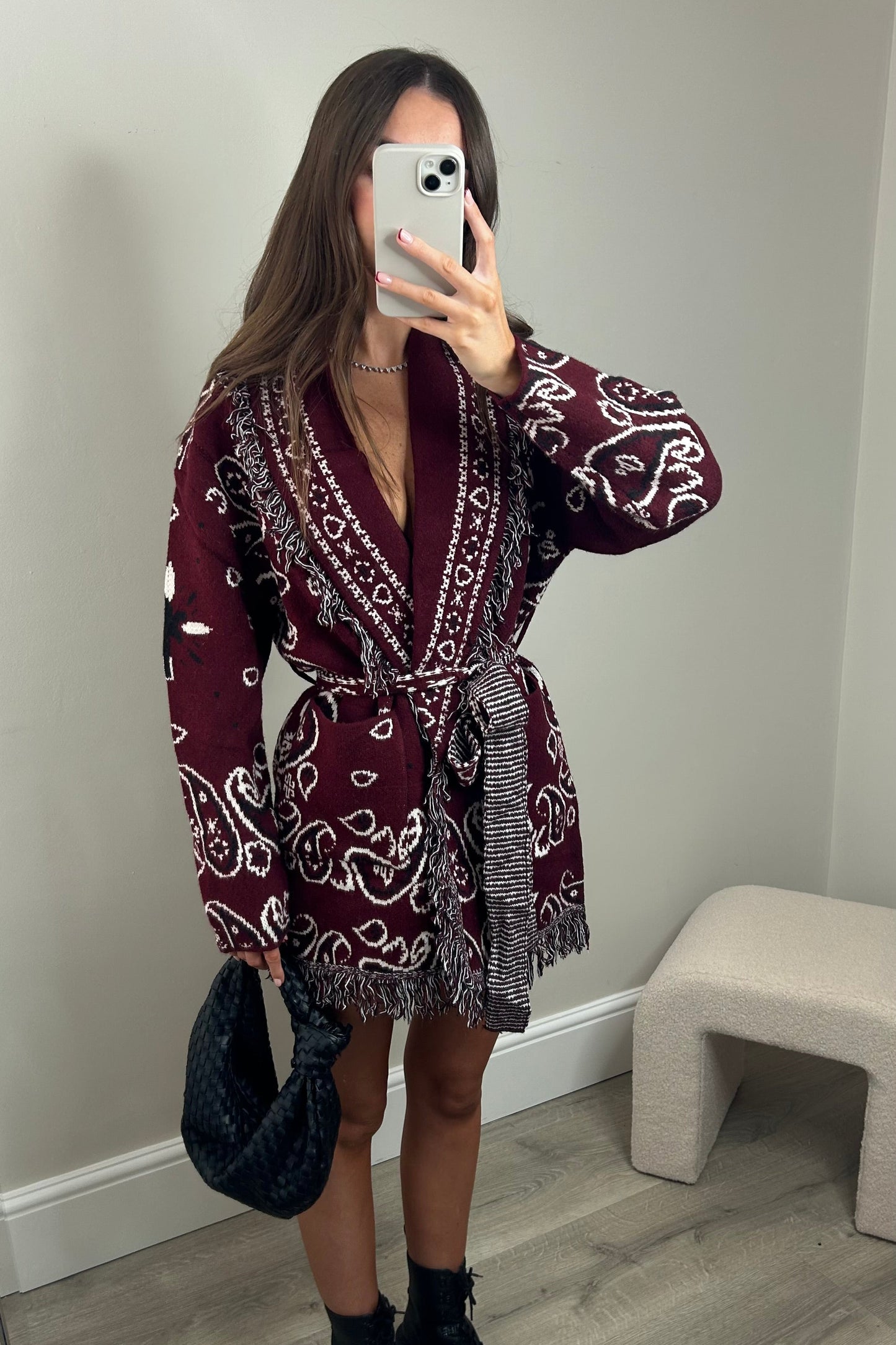 TASSEL BELT CARDIGAN - WINE