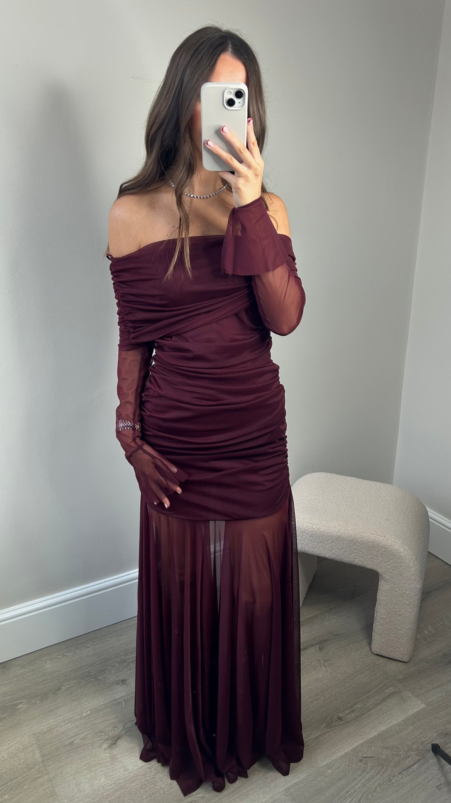 LONG MESH RUCHED DRESS - BURGUNDY
