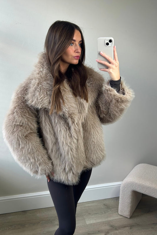 'ALBA' FAUX FUR COAT - STONE