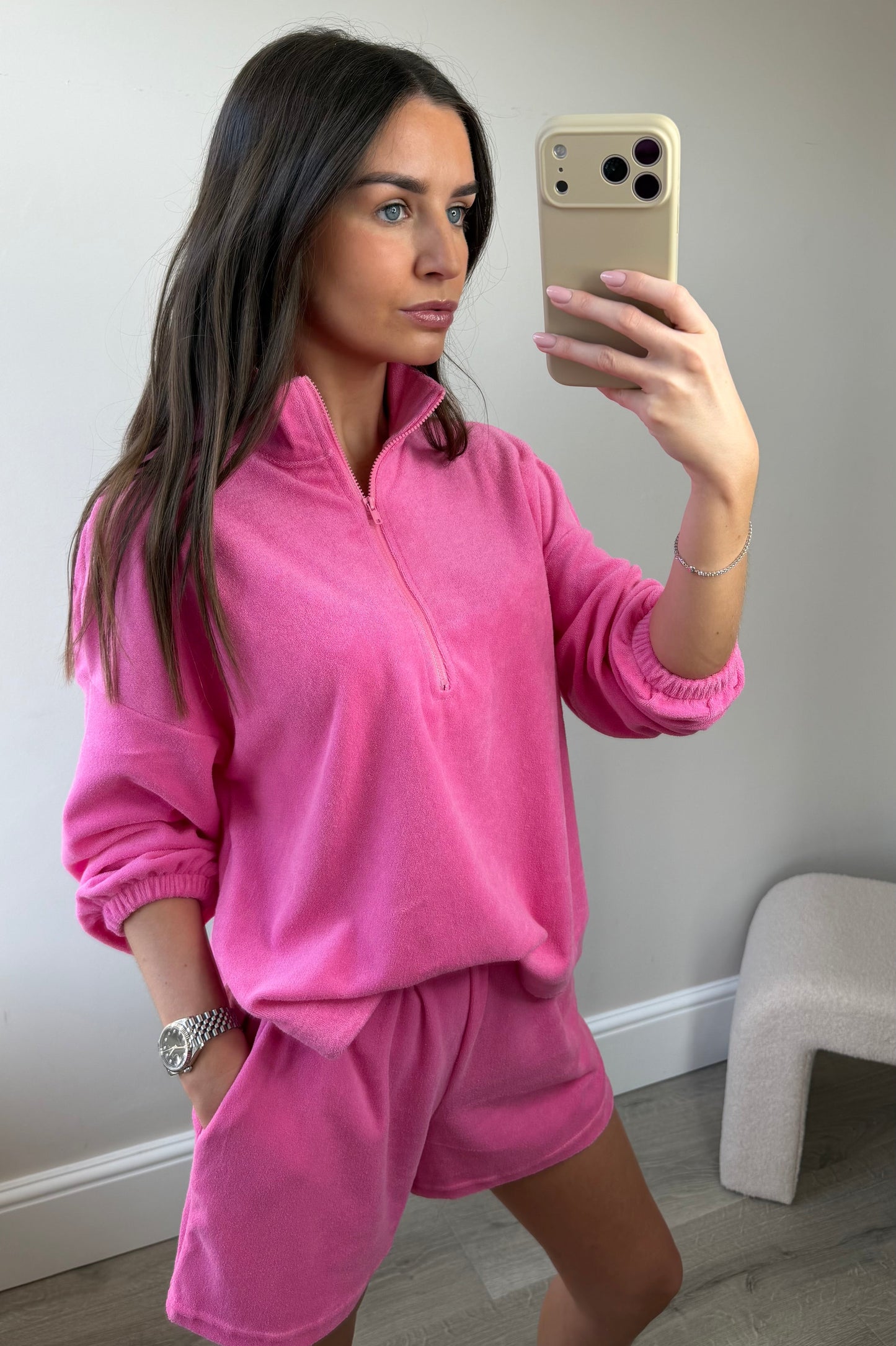 PINK TOWELLING SWEATER & MATCHING SHORTS SET
