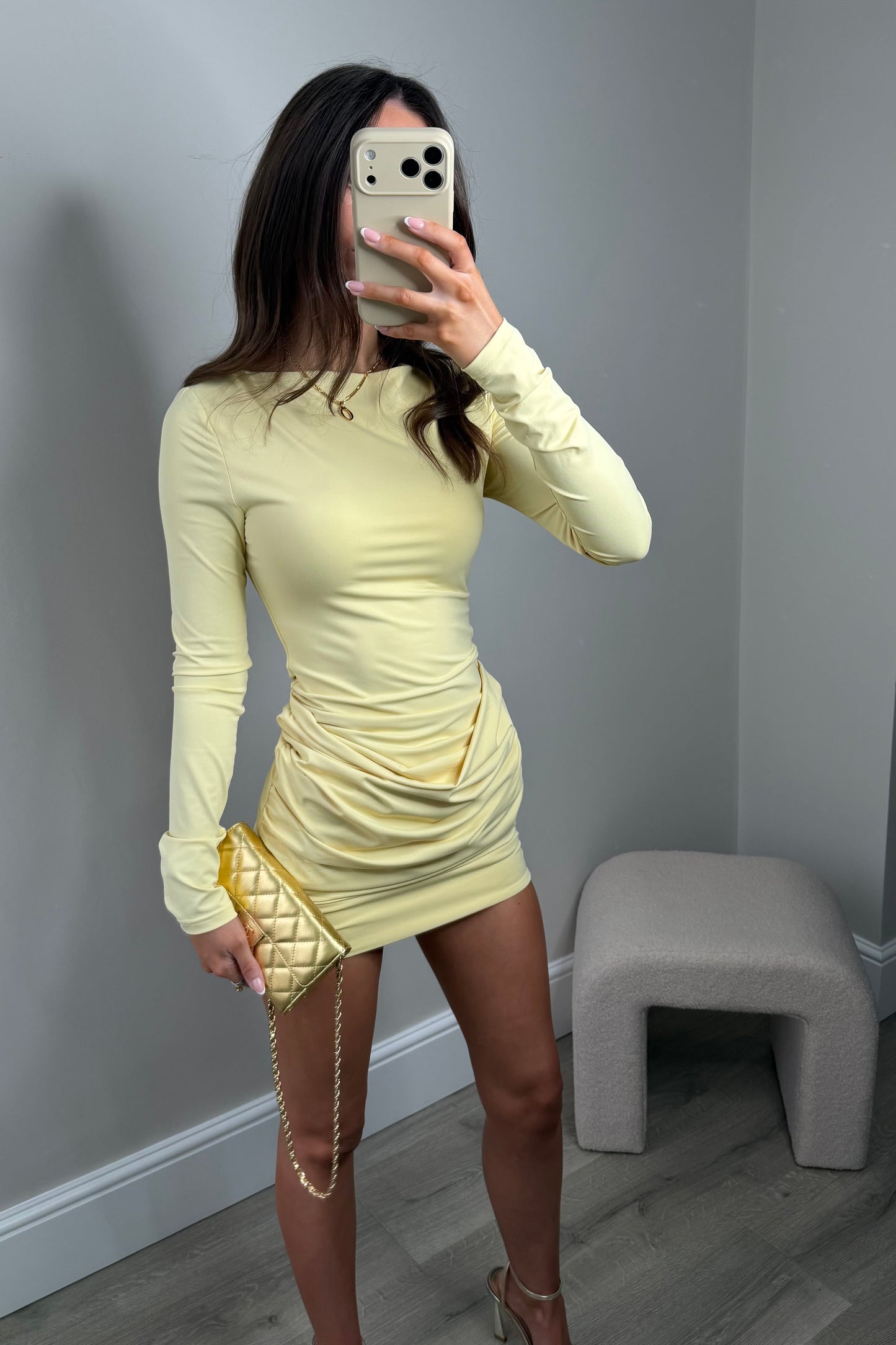 ‘ROSIE’ RUCHED SLINKY DRESS - YELLOW