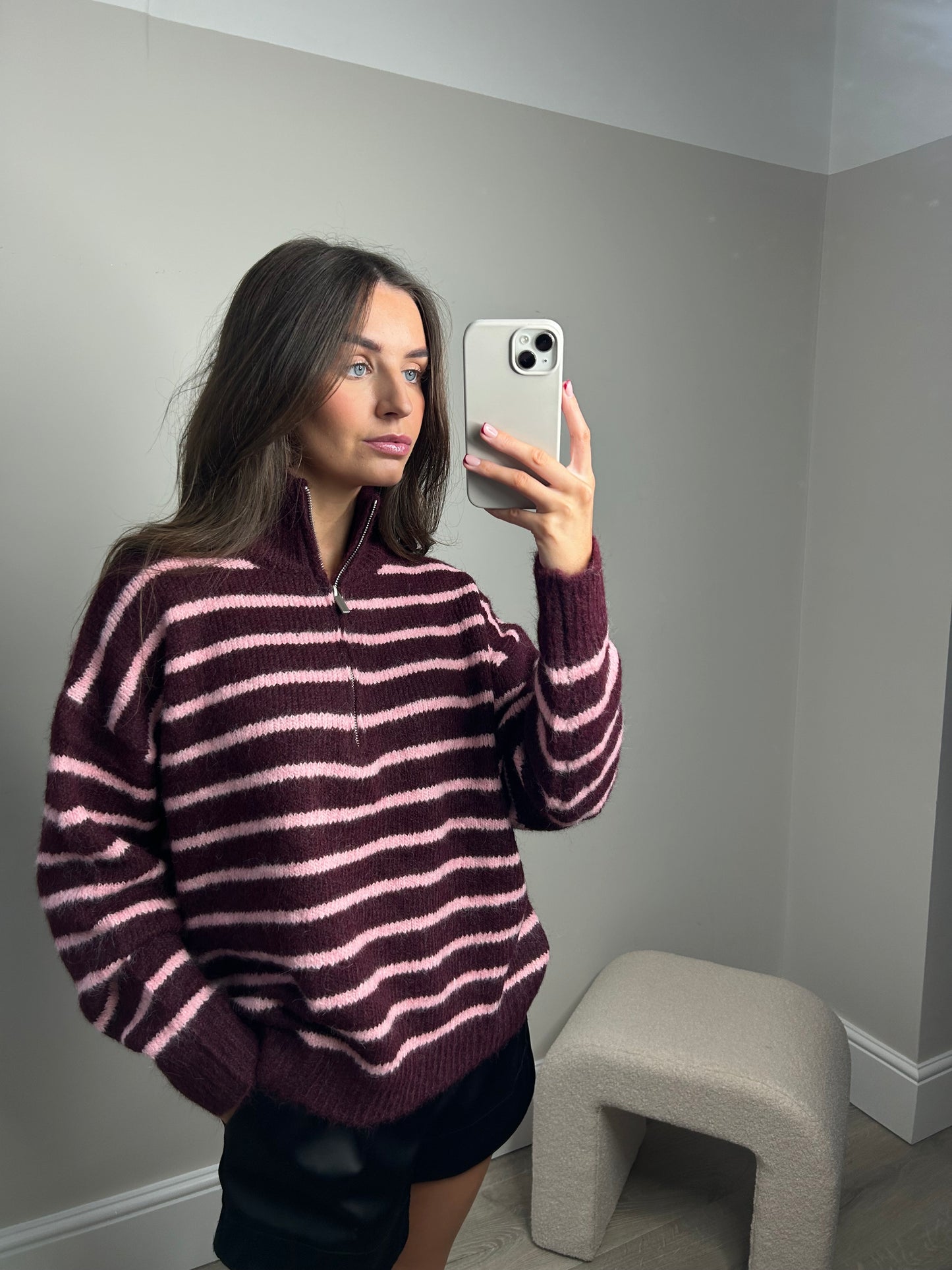 STRIPED HALF ZIP - BURGUNDY