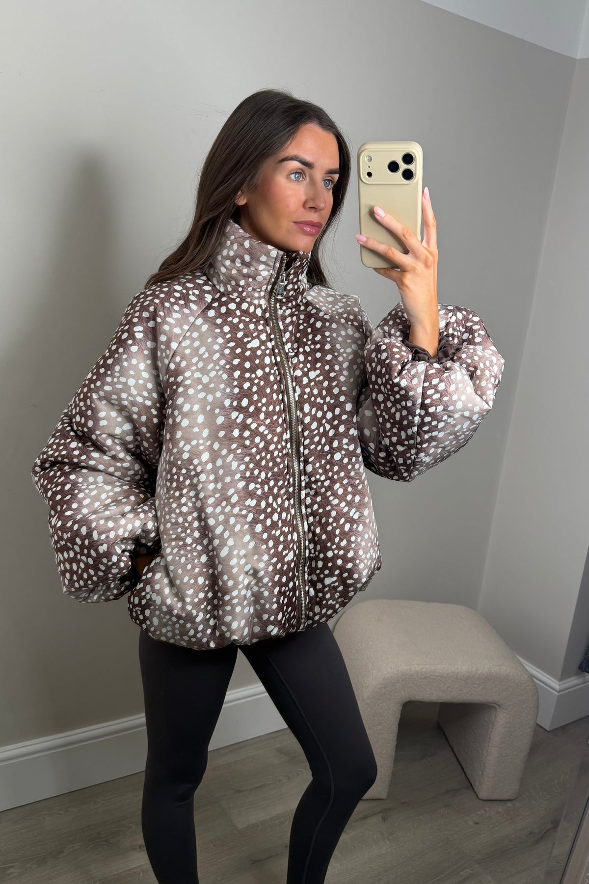 BAMBI PRINT PUFFER JACKET - BEIGE