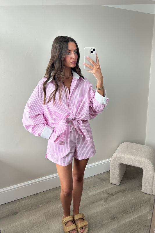 STRIPED SHIRT & SHORT SET - PINK