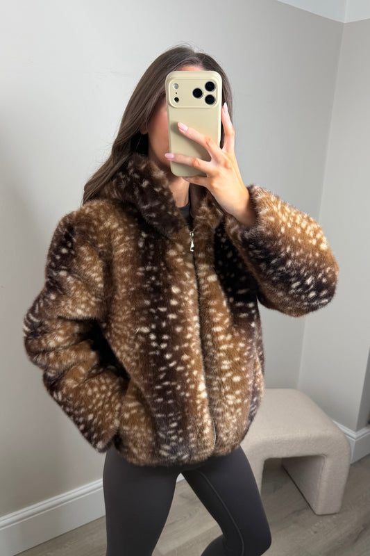 DEER PRINT HOODED FAUX FUR JACKET