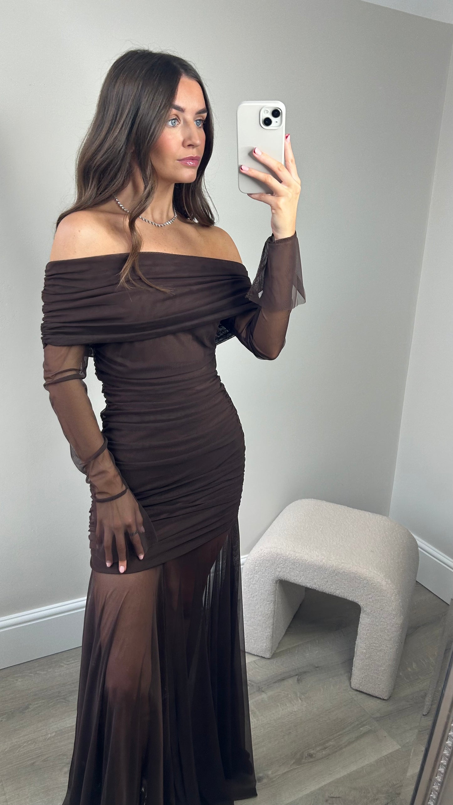 LONG MESH RUCHED DRESS - BROWN