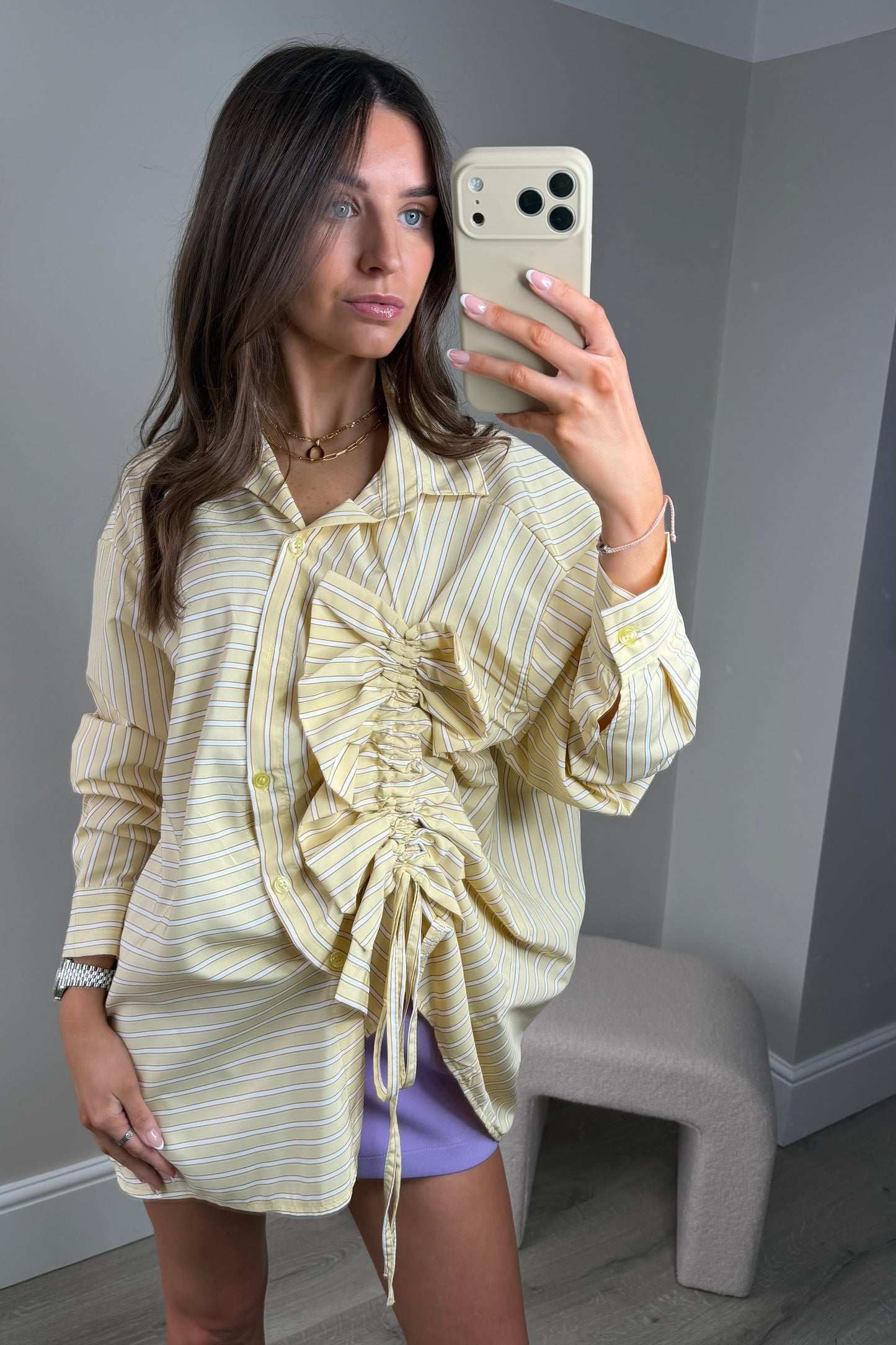 ‘ELSIE’ STRIPED RUCHED SHIRT - YELLOW