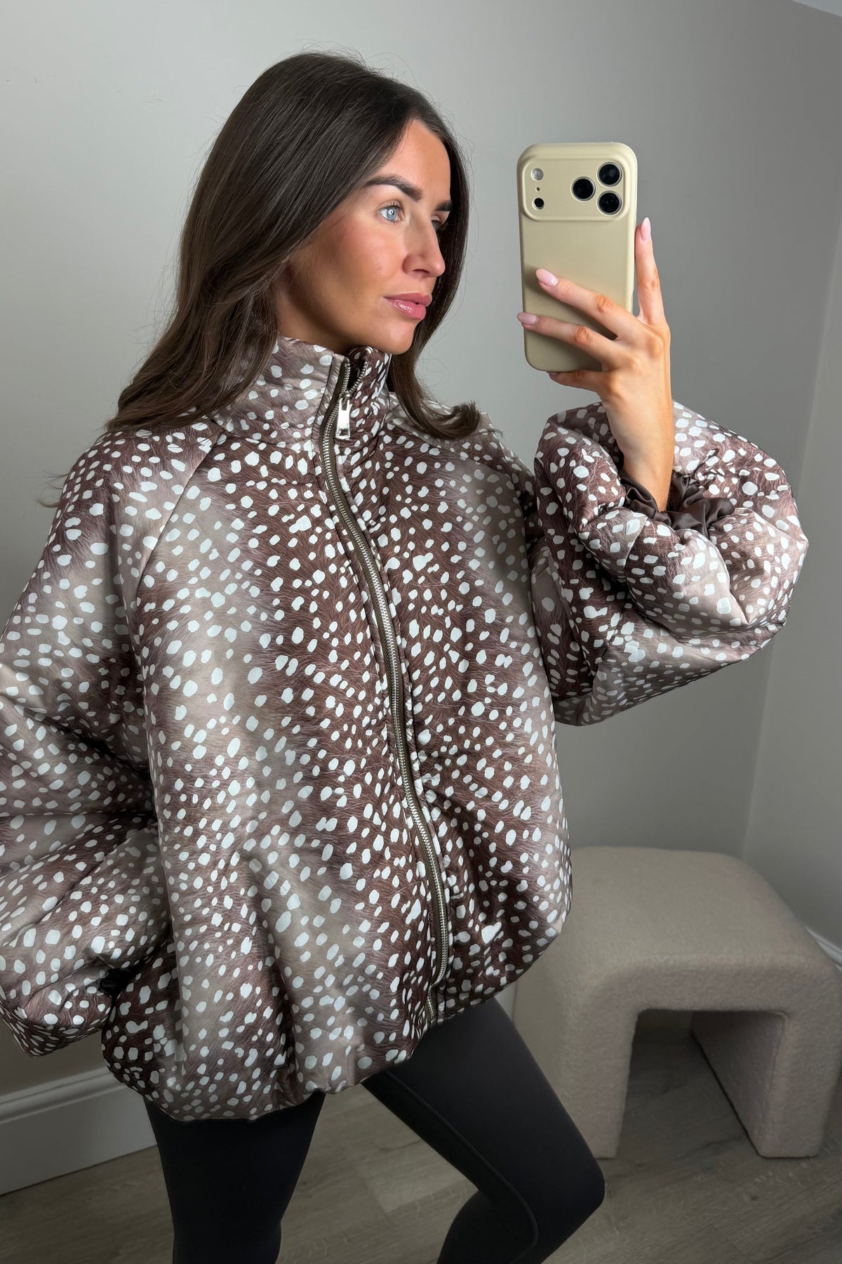 BAMBI PRINT PUFFER JACKET - BEIGE