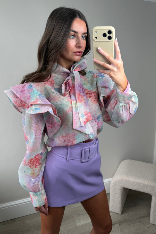 FRILLED FLORAL NECK TIE BLOUSE