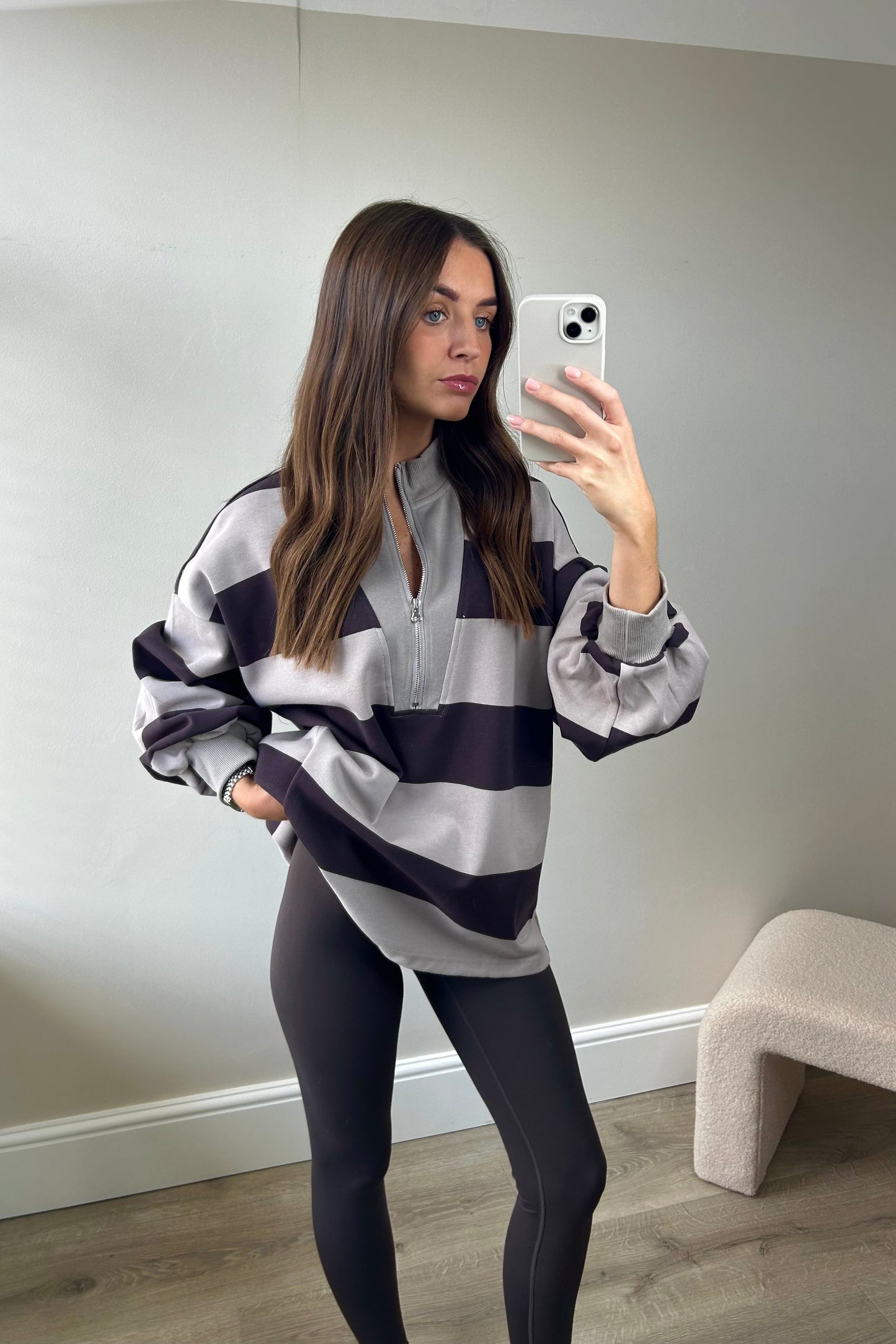 HALF ZIP STRIPE JUMPER - GREY
