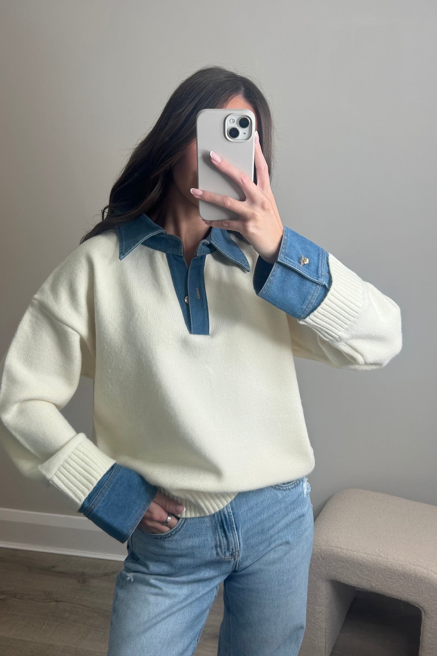 ‘ROSA’ DENIM COLLAR KNIT - CREAM