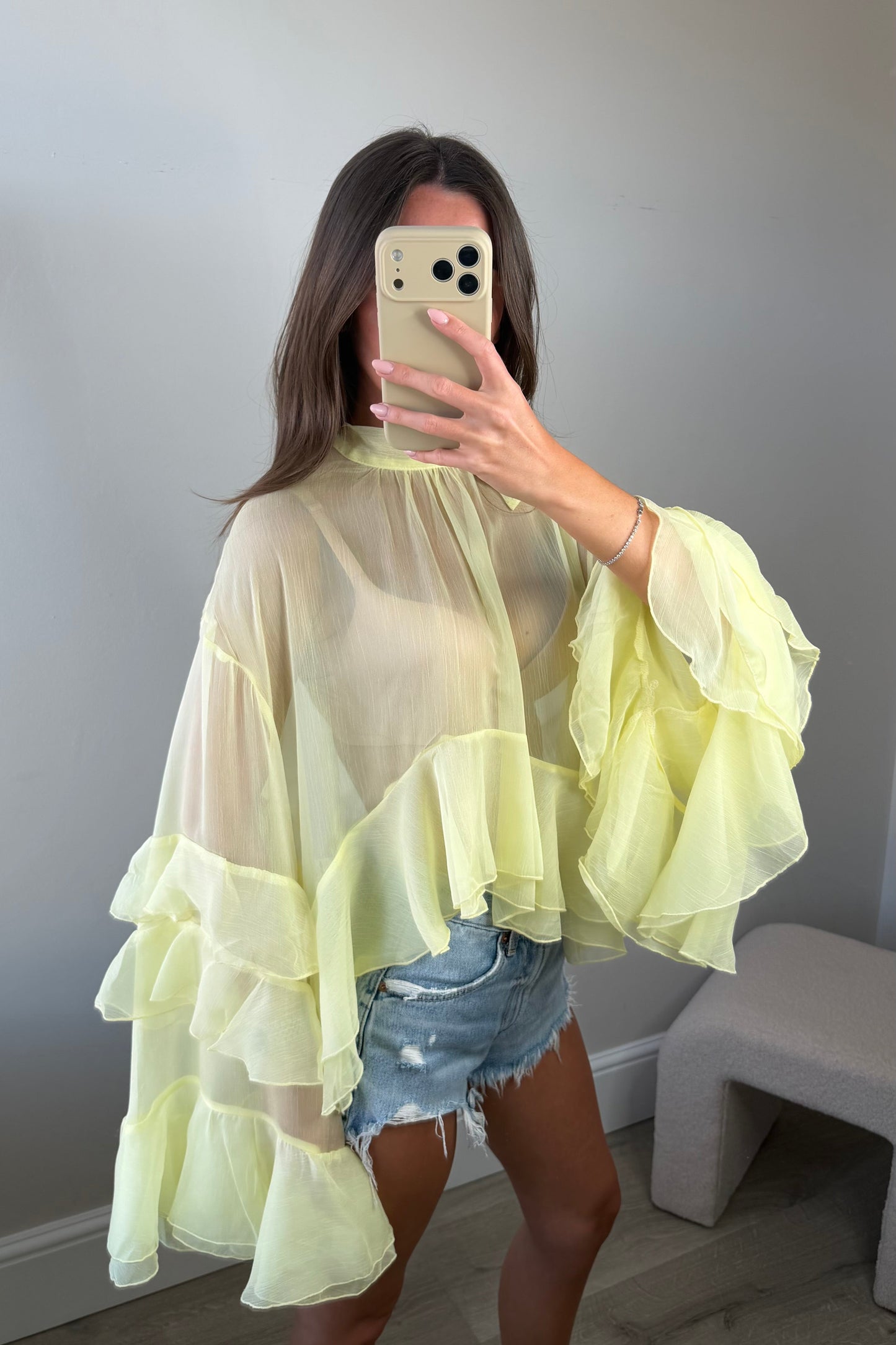 SHEER RUFFLE BLOUSE - YELLOW