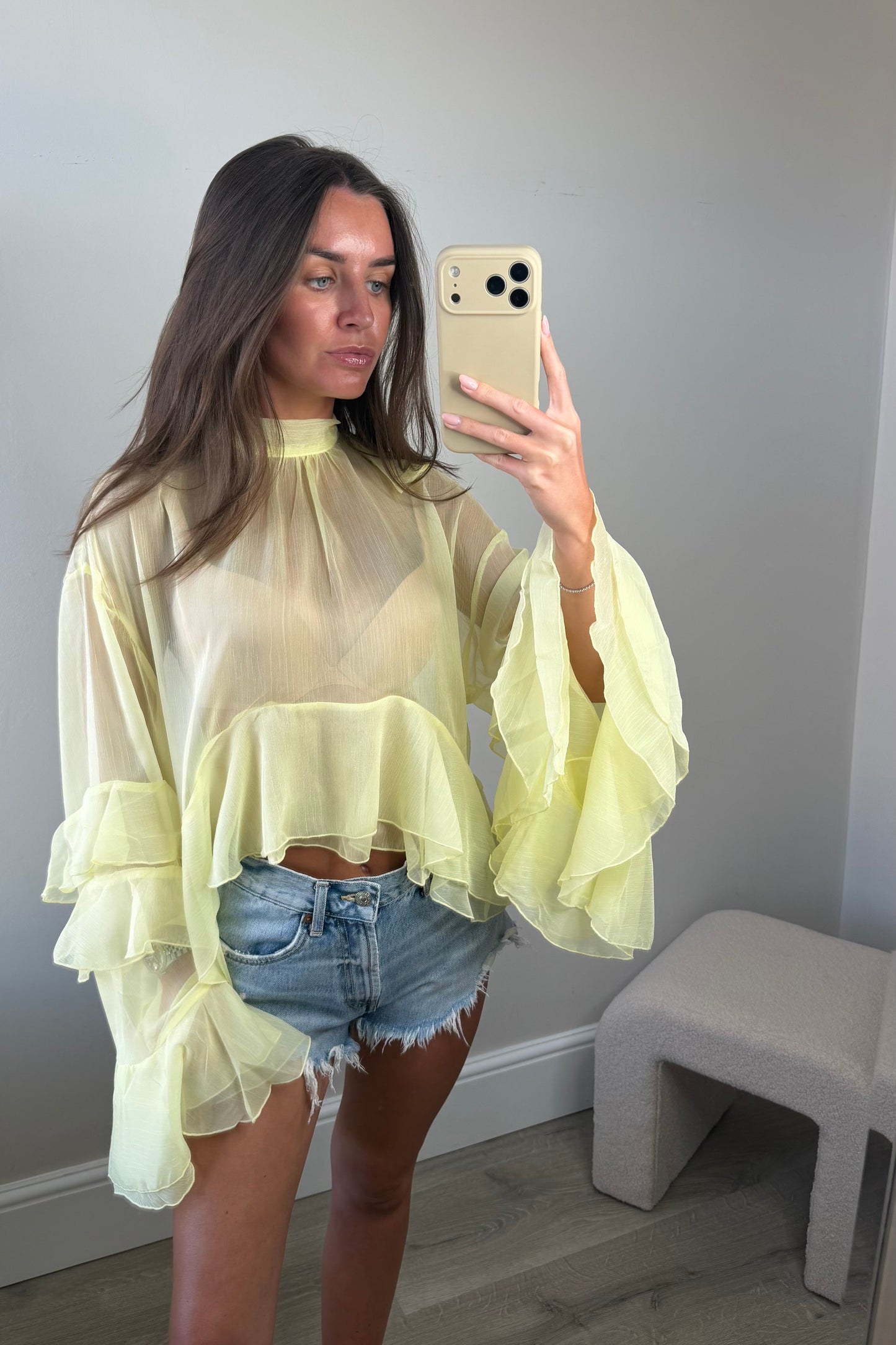 SHEER RUFFLE BLOUSE - YELLOW