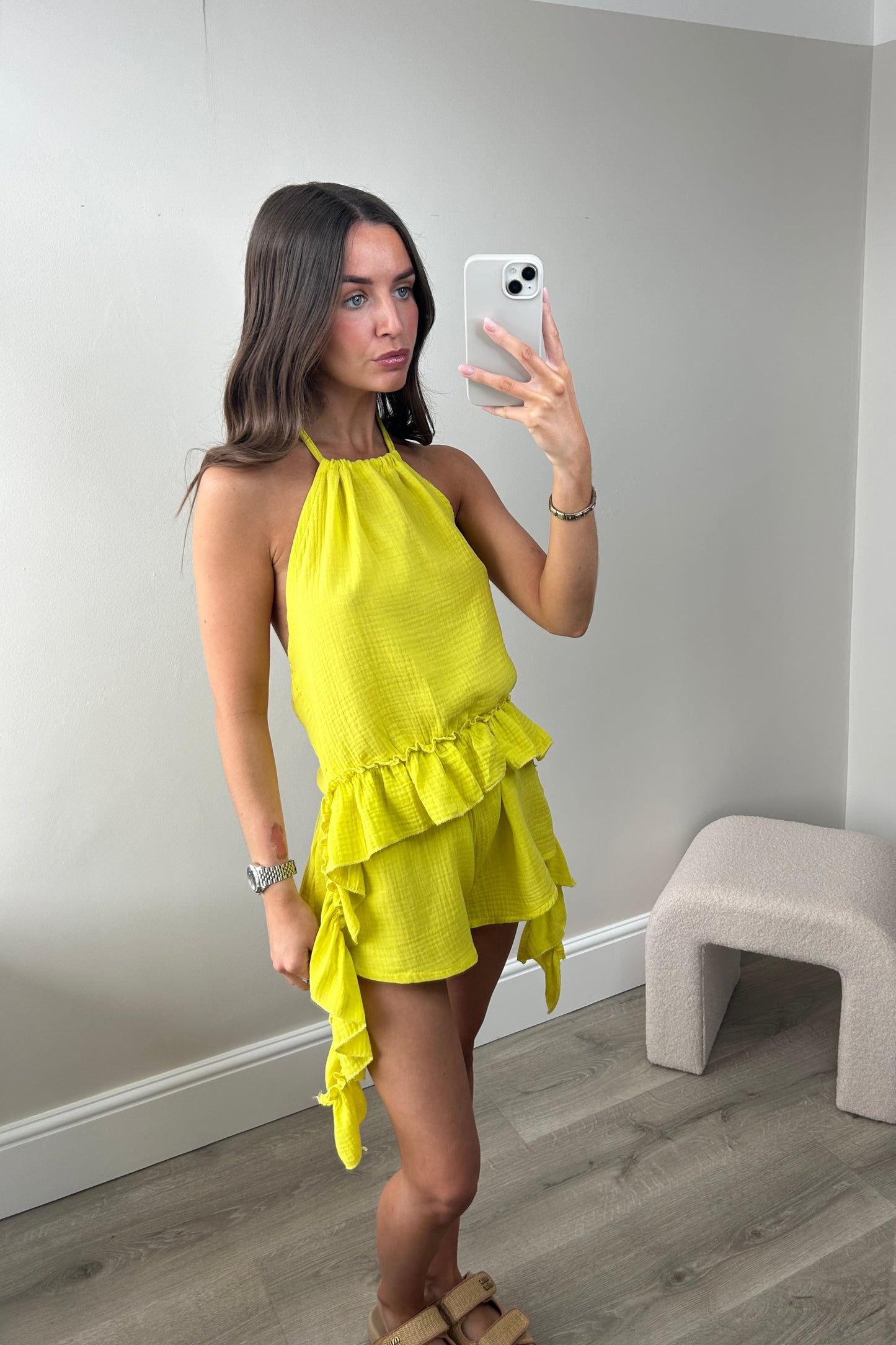HALTERNECK RUFFLE TOP & SHORTS SET - YELLOW