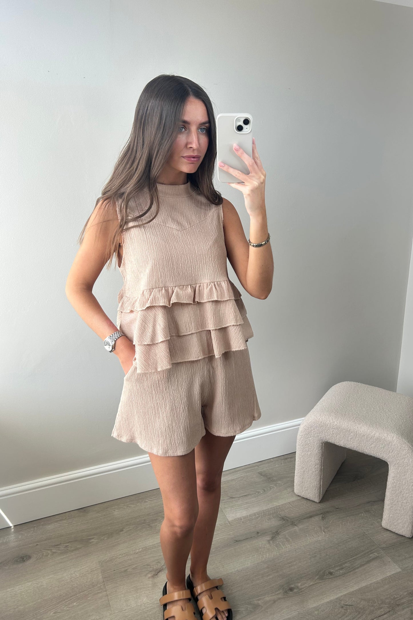 BEIGE RUFFLE TOP & SHORT SET