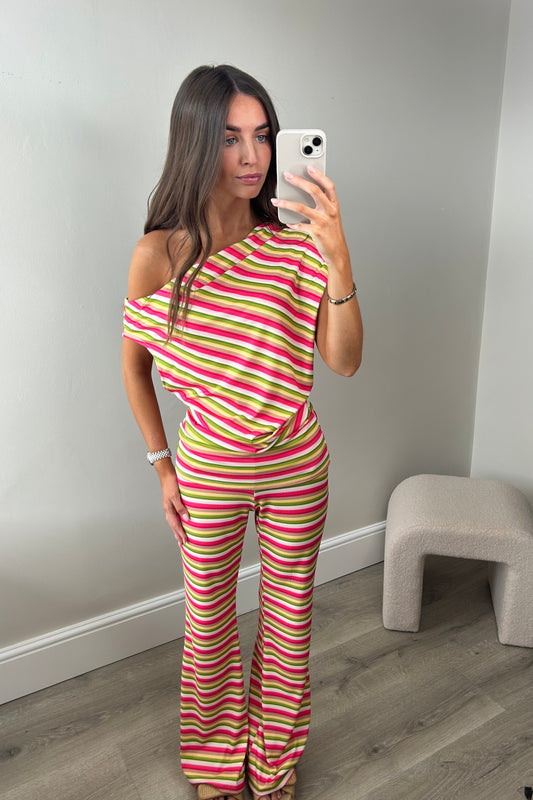 STRIPED OFF THE SHOULDER LOUNGE SET - PINK.