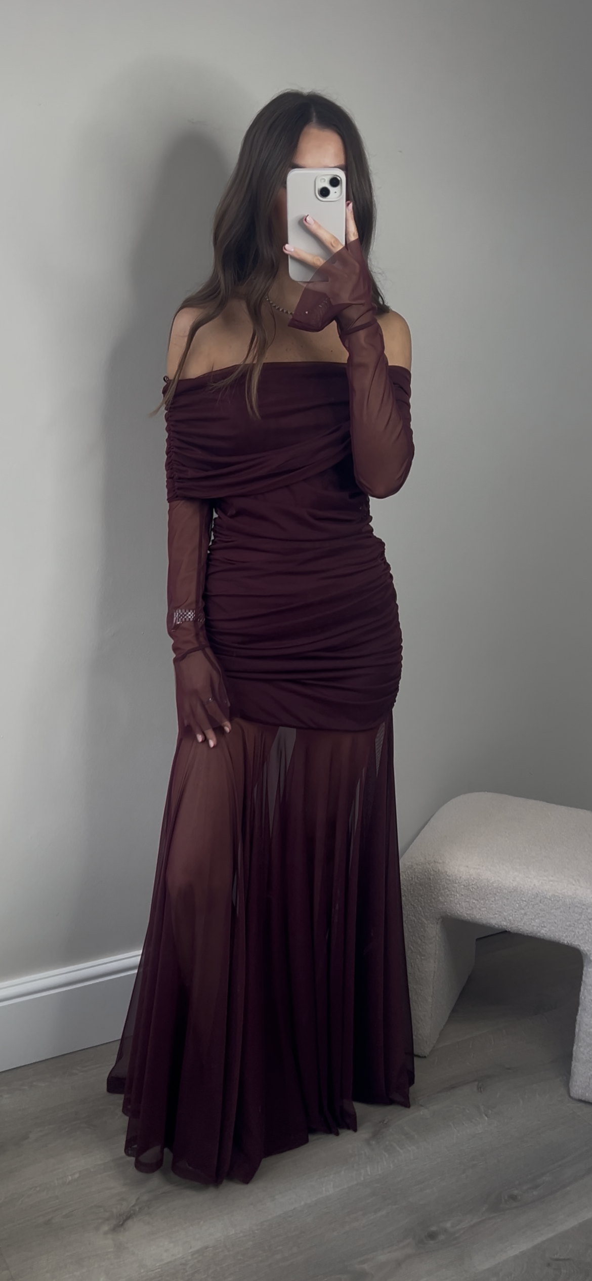 LONG MESH RUCHED DRESS - BURGUNDY
