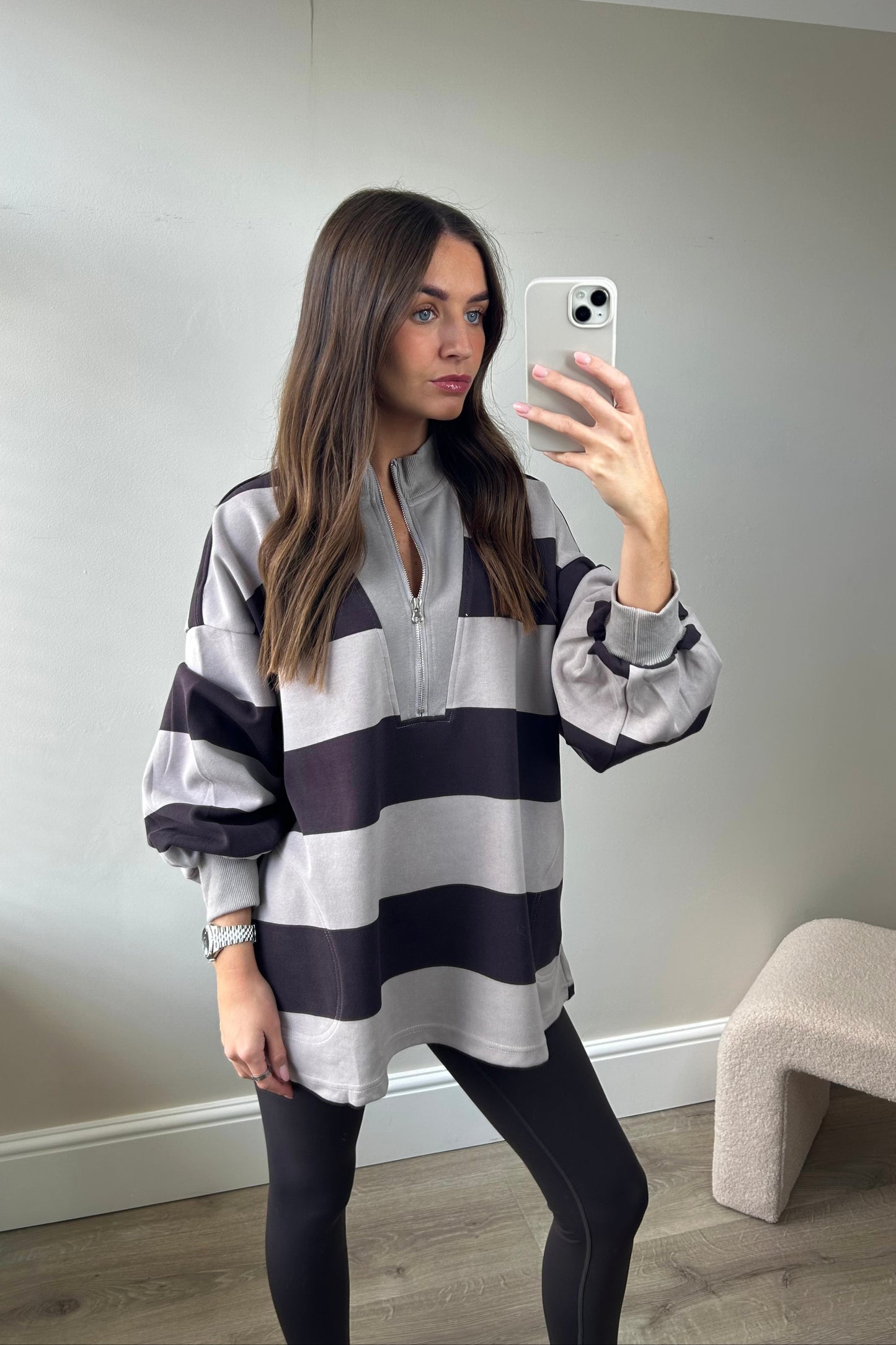 HALF ZIP STRIPE JUMPER - GREY