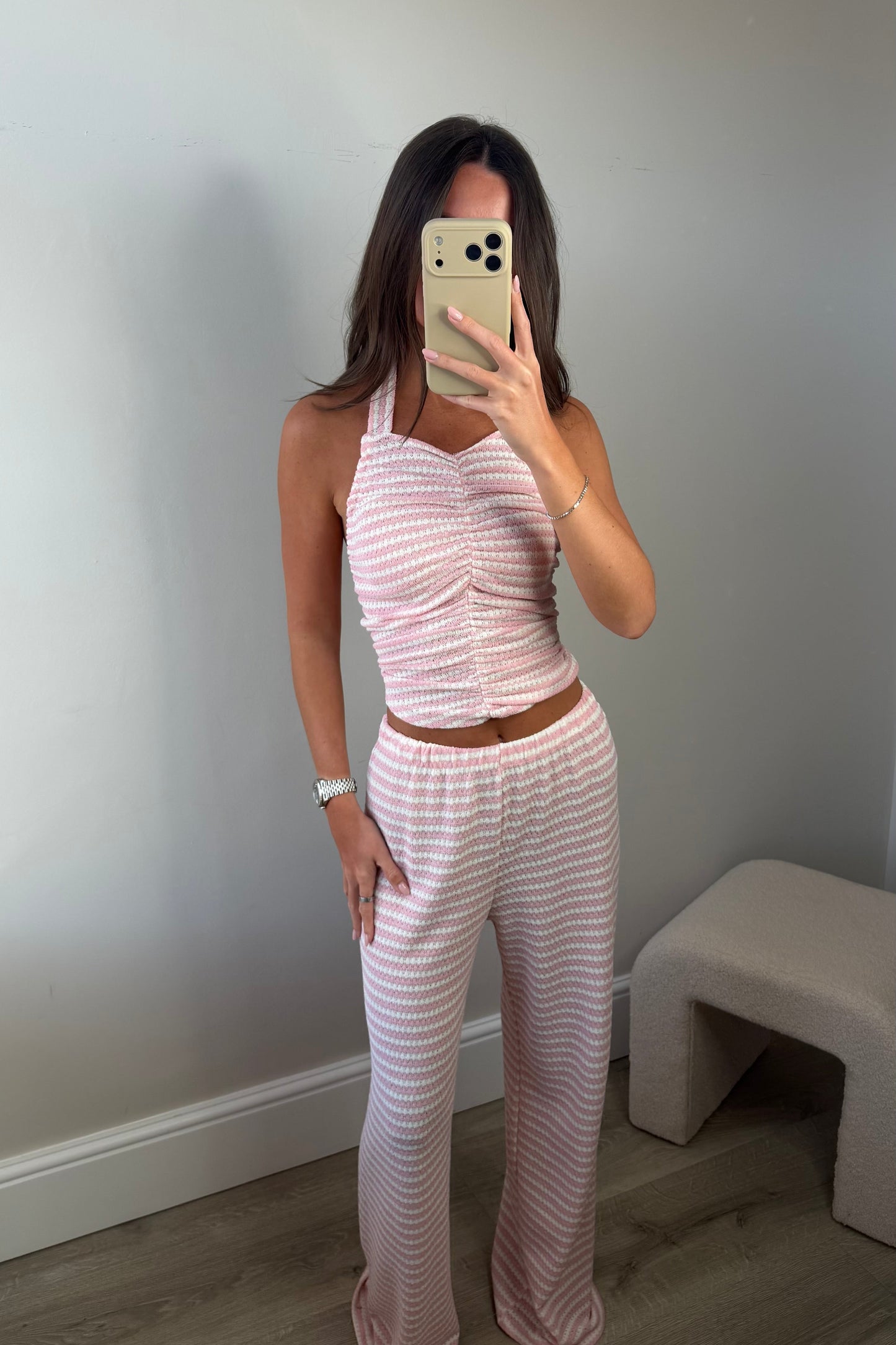 STRIPED HALTER NECK TWO PIECE - PINK
