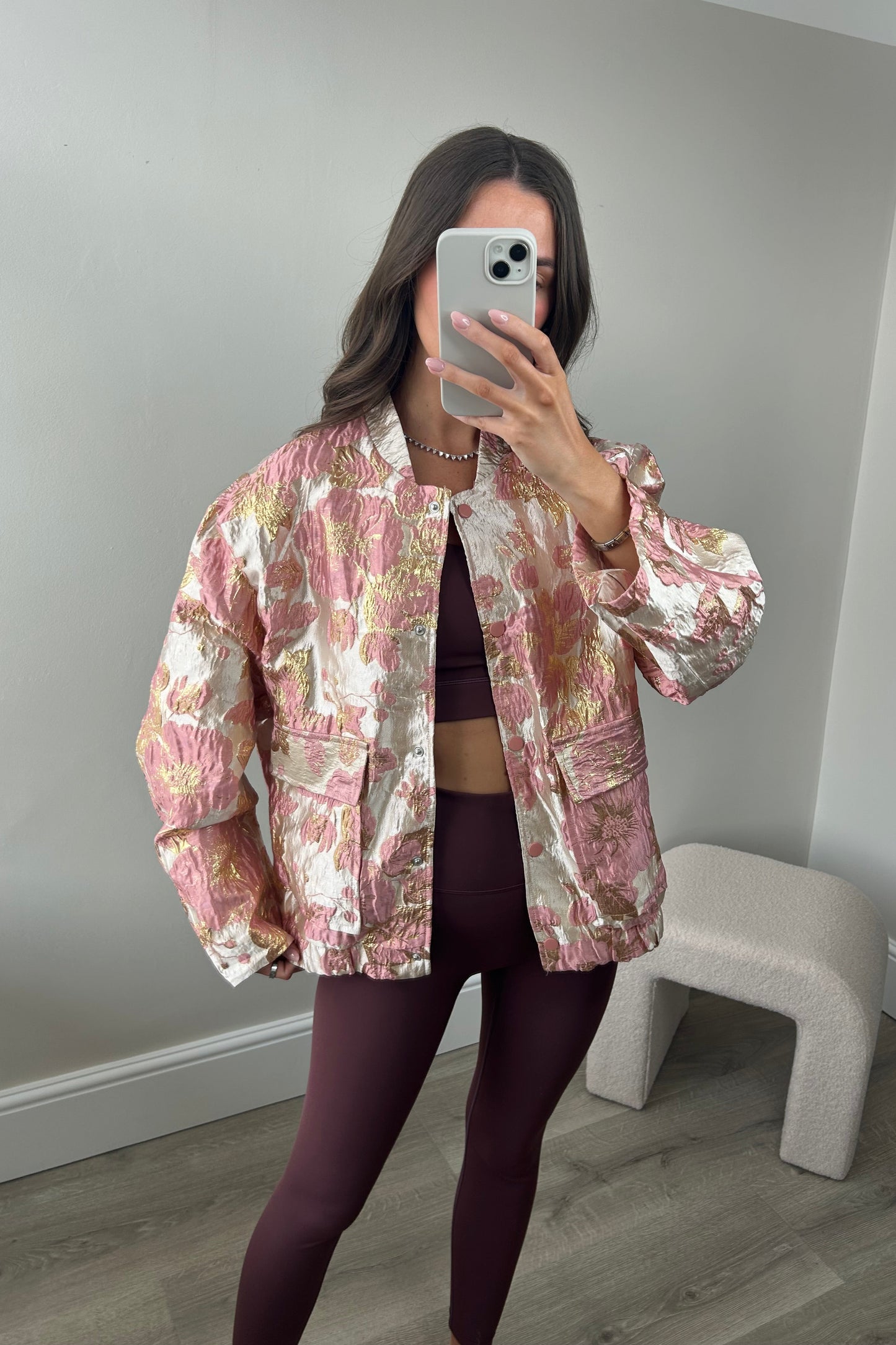 FLORAL METALLIC BOMBER JACKET - PINK