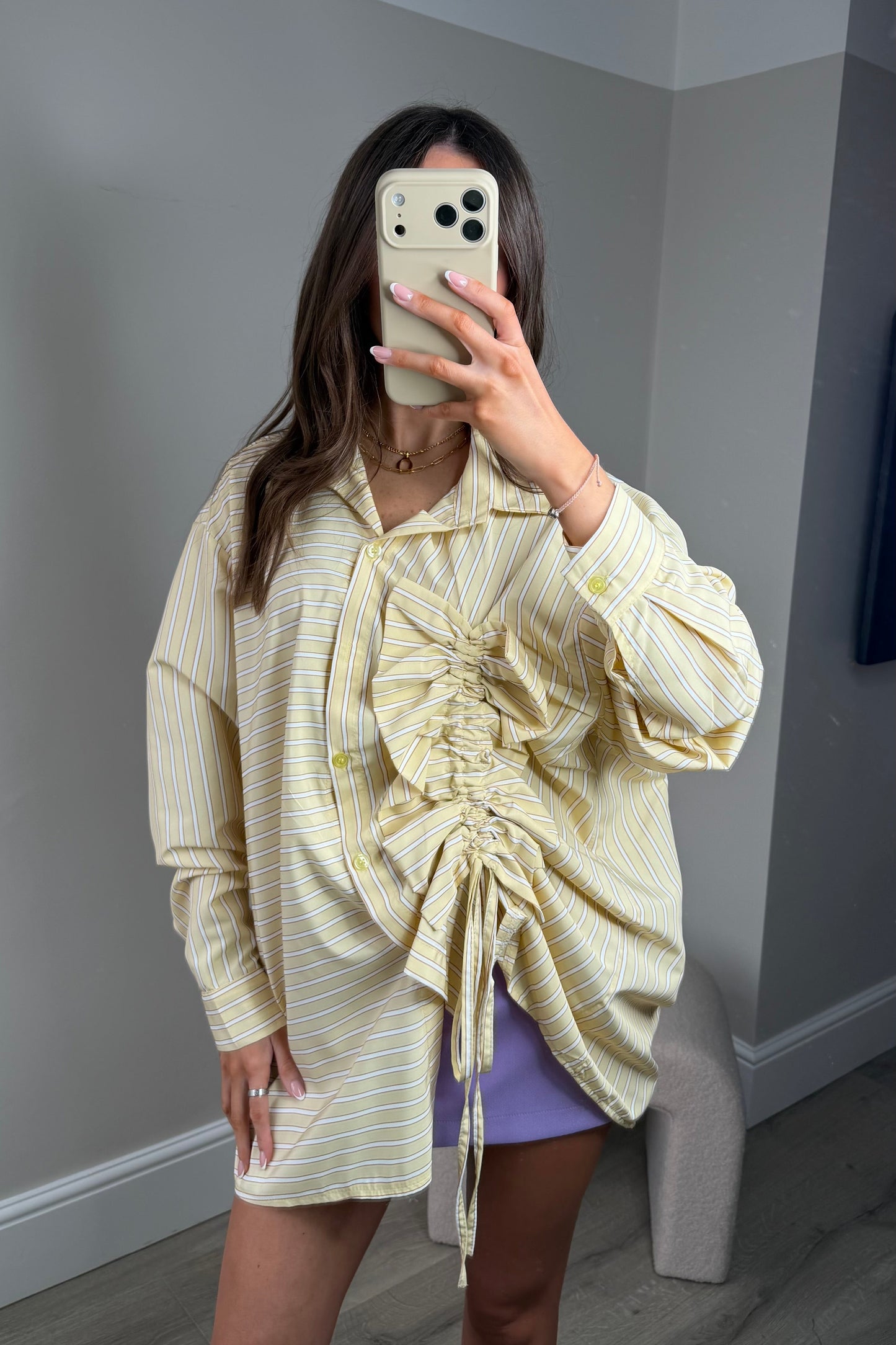 ‘ELSIE’ STRIPED RUCHED SHIRT - YELLOW