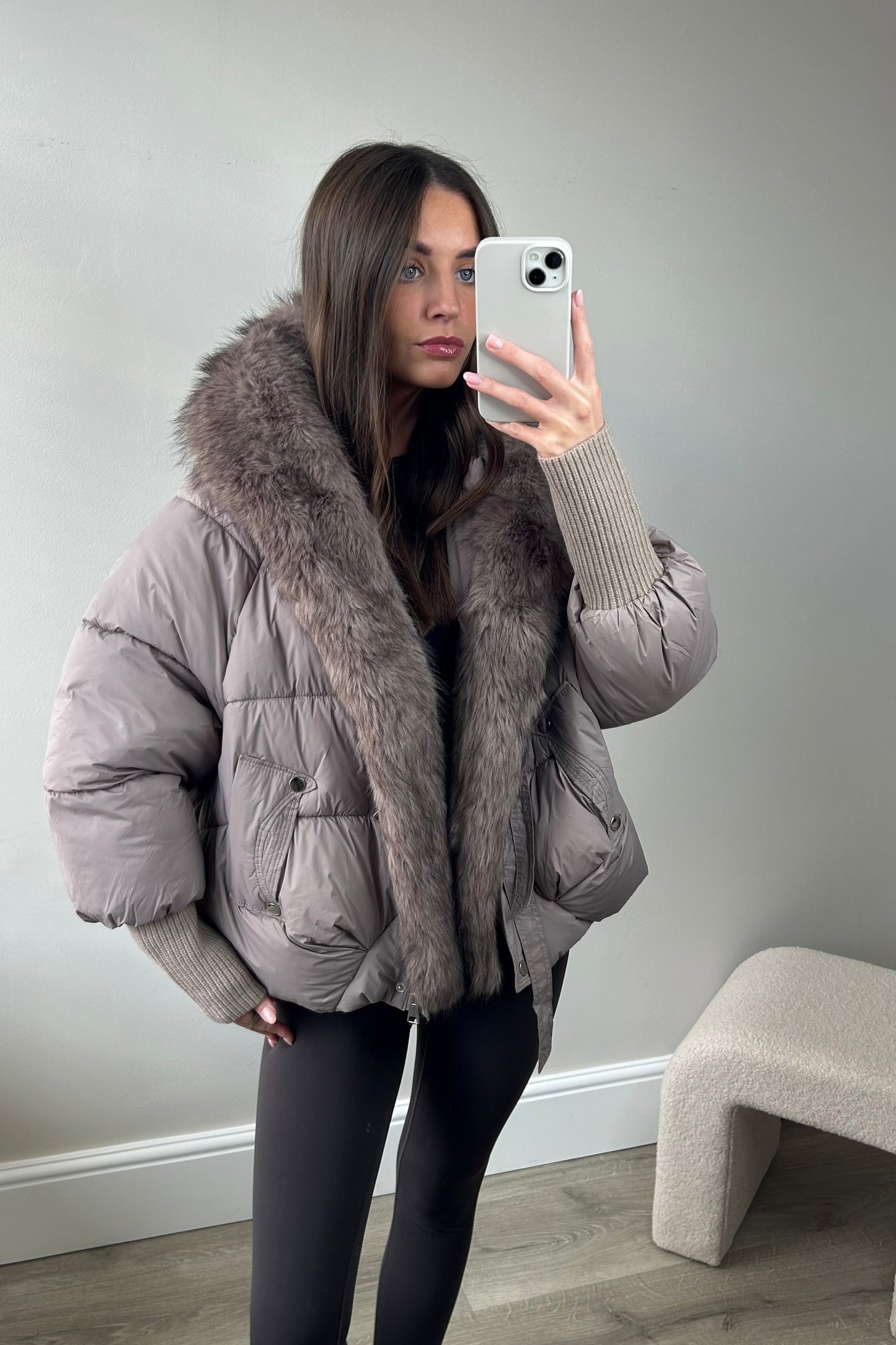 PUFFER HOODED FAUX FUR TRIM COAT