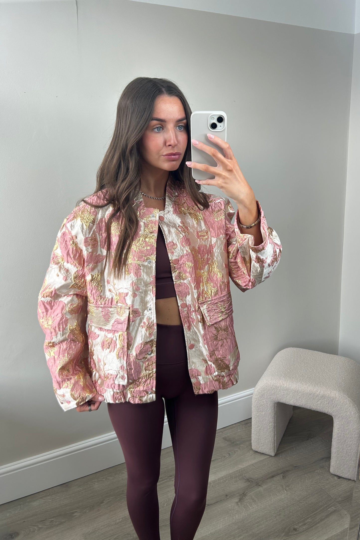FLORAL METALLIC BOMBER JACKET - PINK