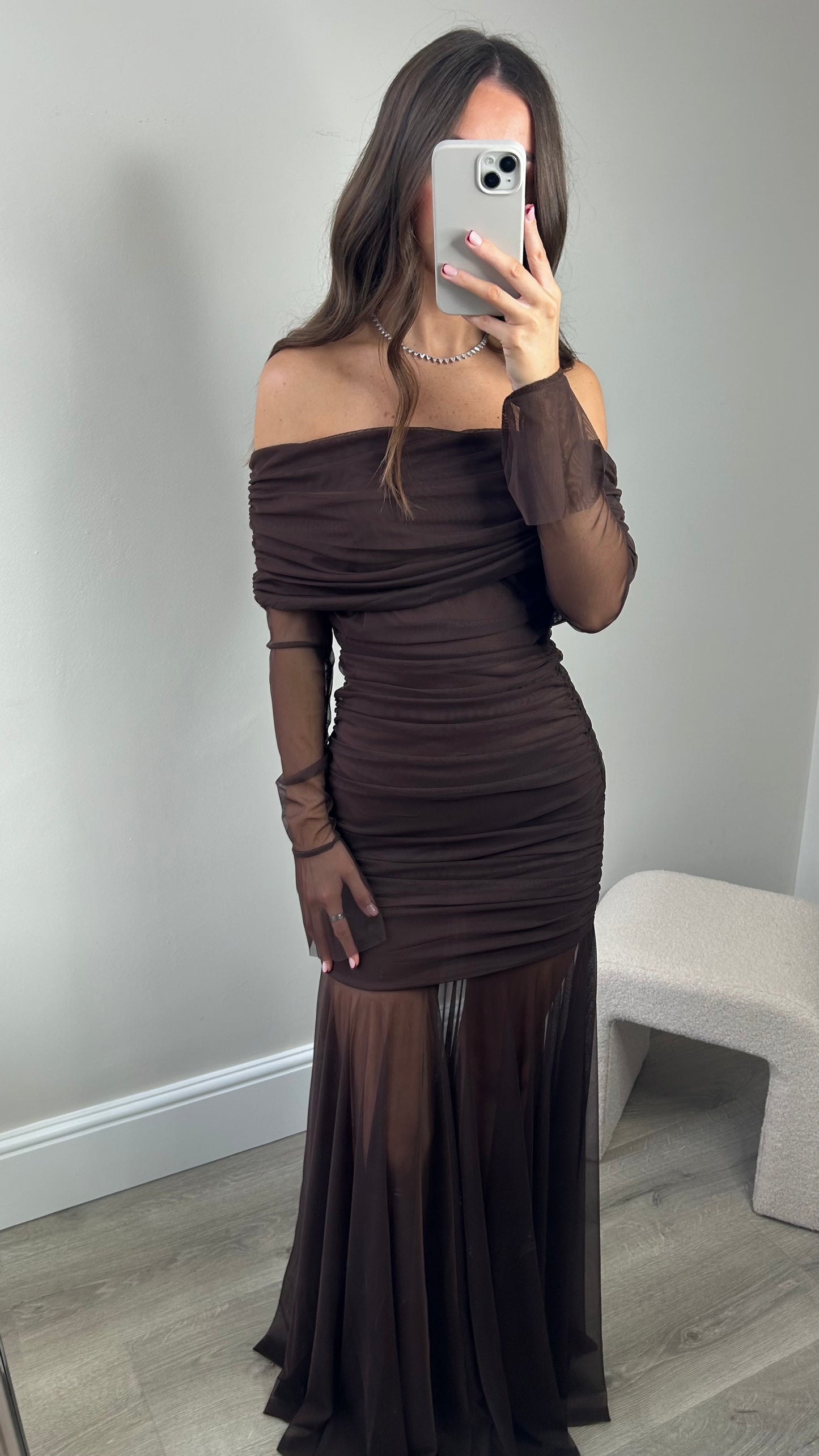 LONG MESH RUCHED DRESS - BROWN
