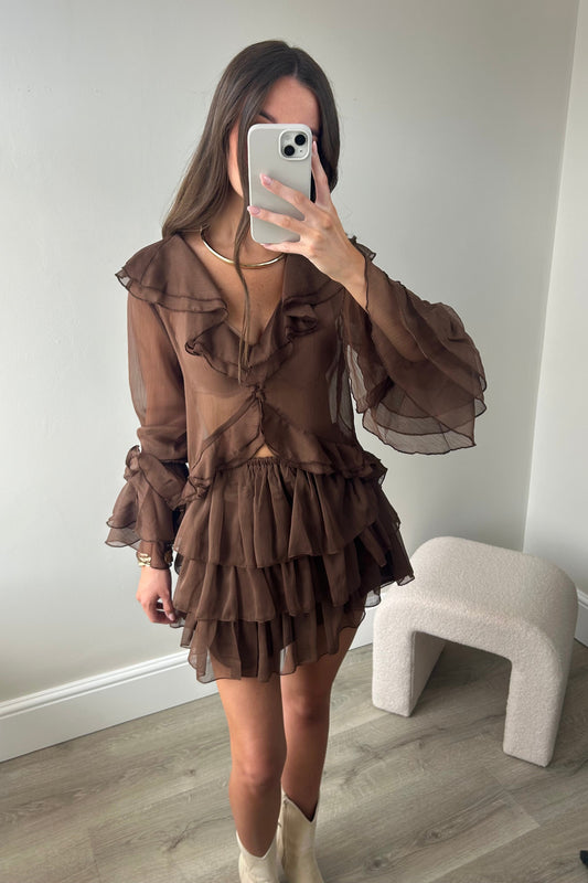 SHEER RUFFLE TOP & SKIRT - BROWN