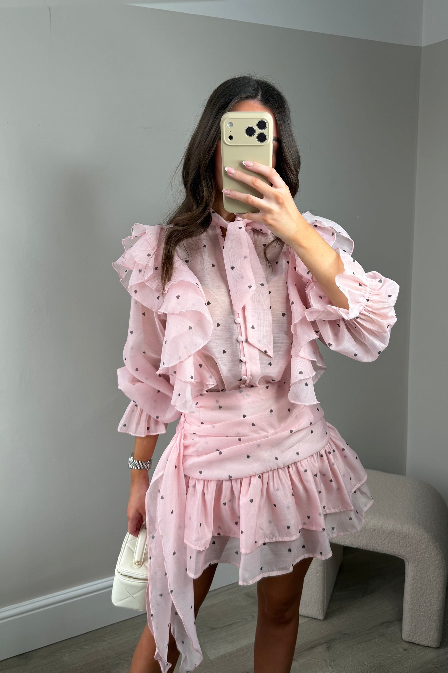 ‘FREYA’ FRILL HEART BLOUSE AND SKIRT SET - PINK