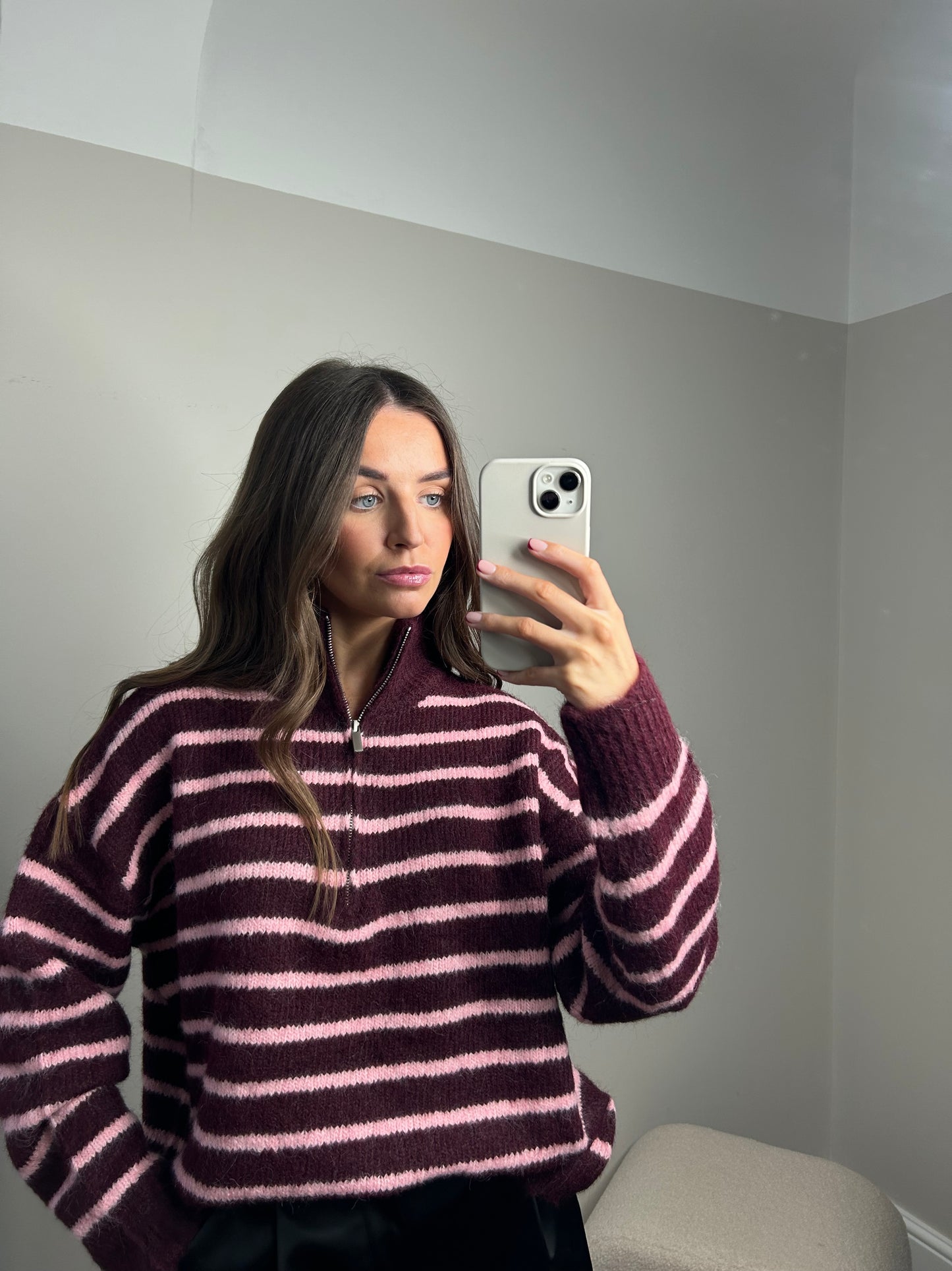 STRIPED HALF ZIP - BURGUNDY