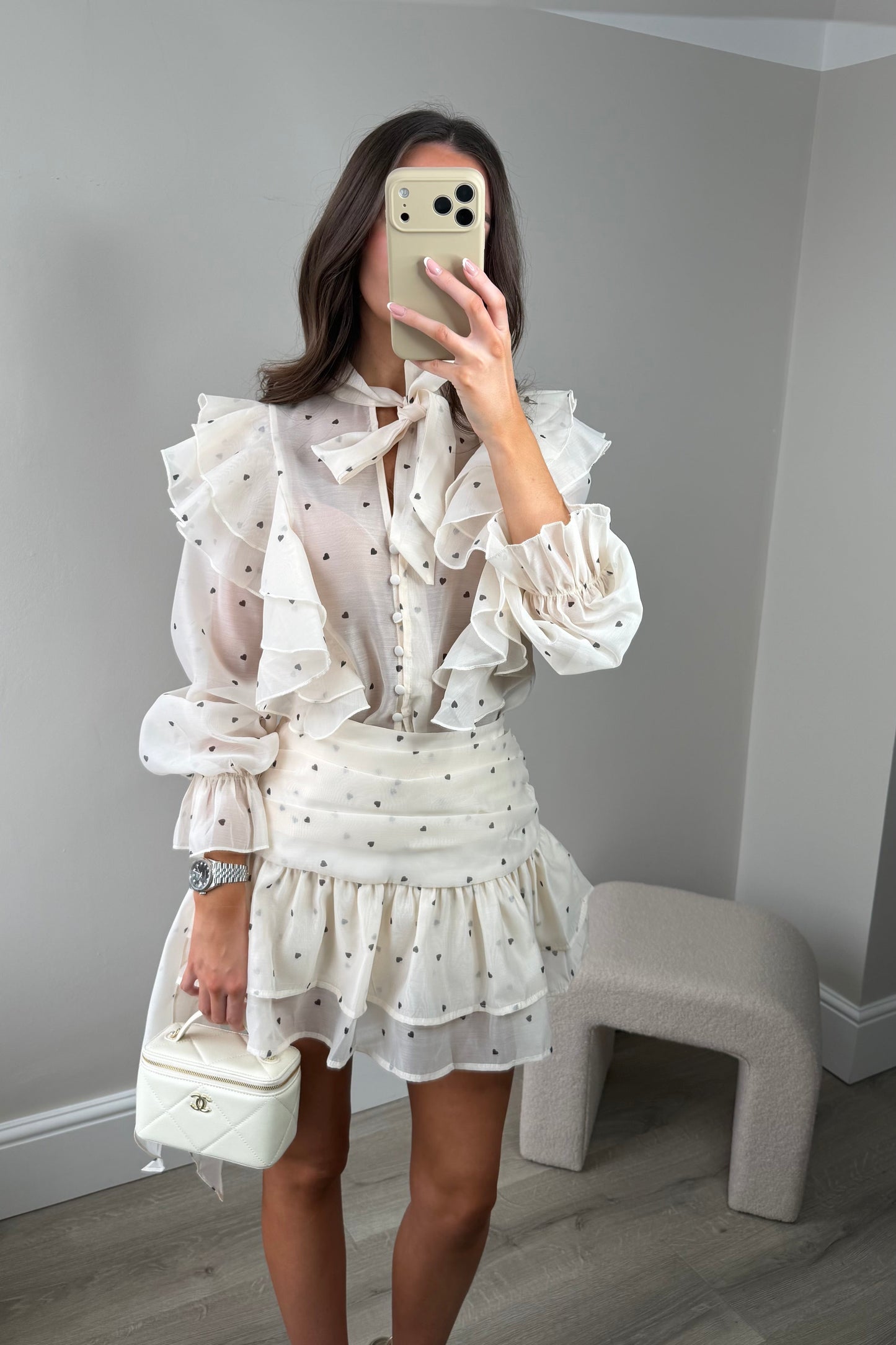 ‘FREYA’ FRILL HEART BLOUSE AND SKIRT SET - CREAM