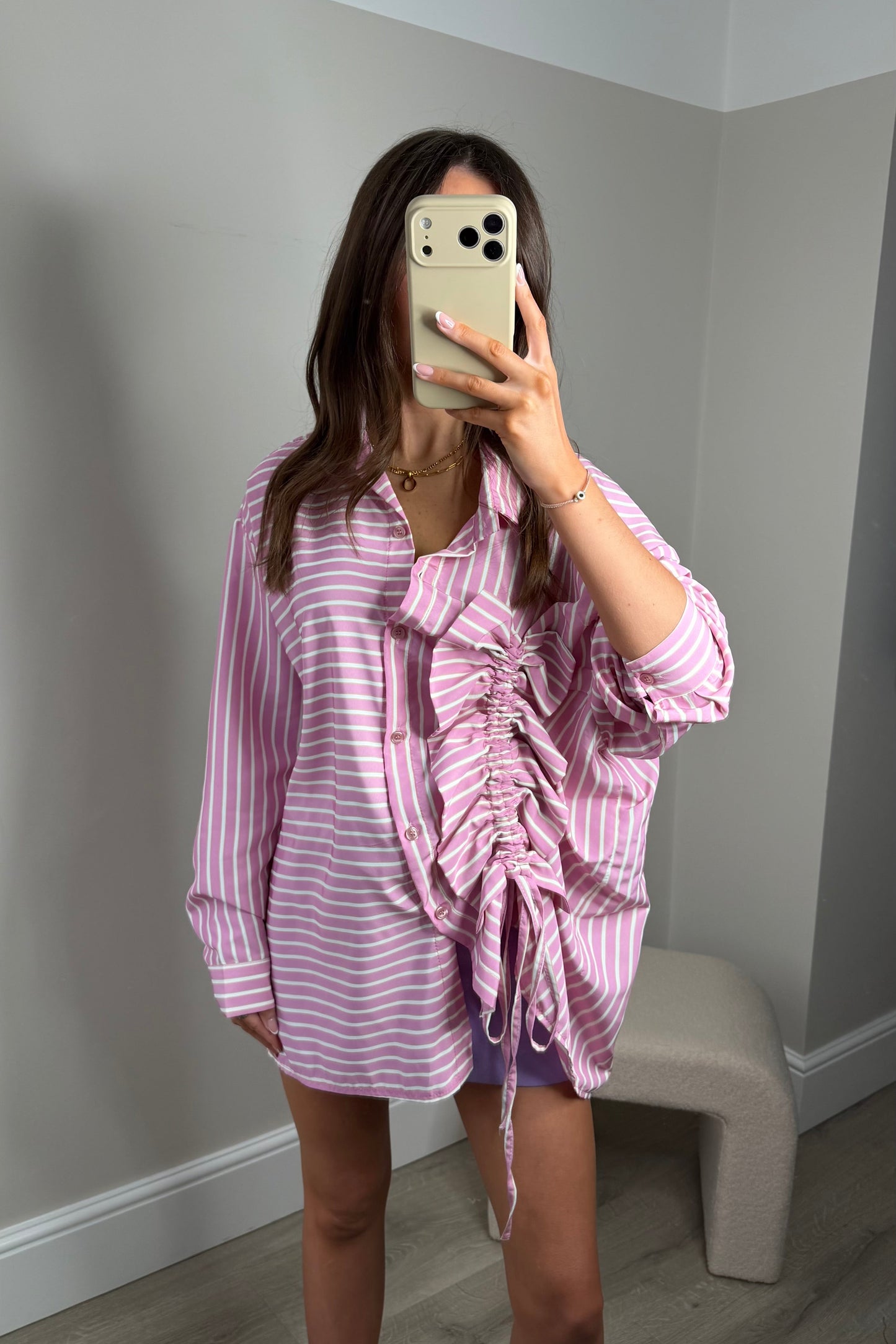 ‘ELSIE’ STRIPED RUCHED SHIRT - PINK