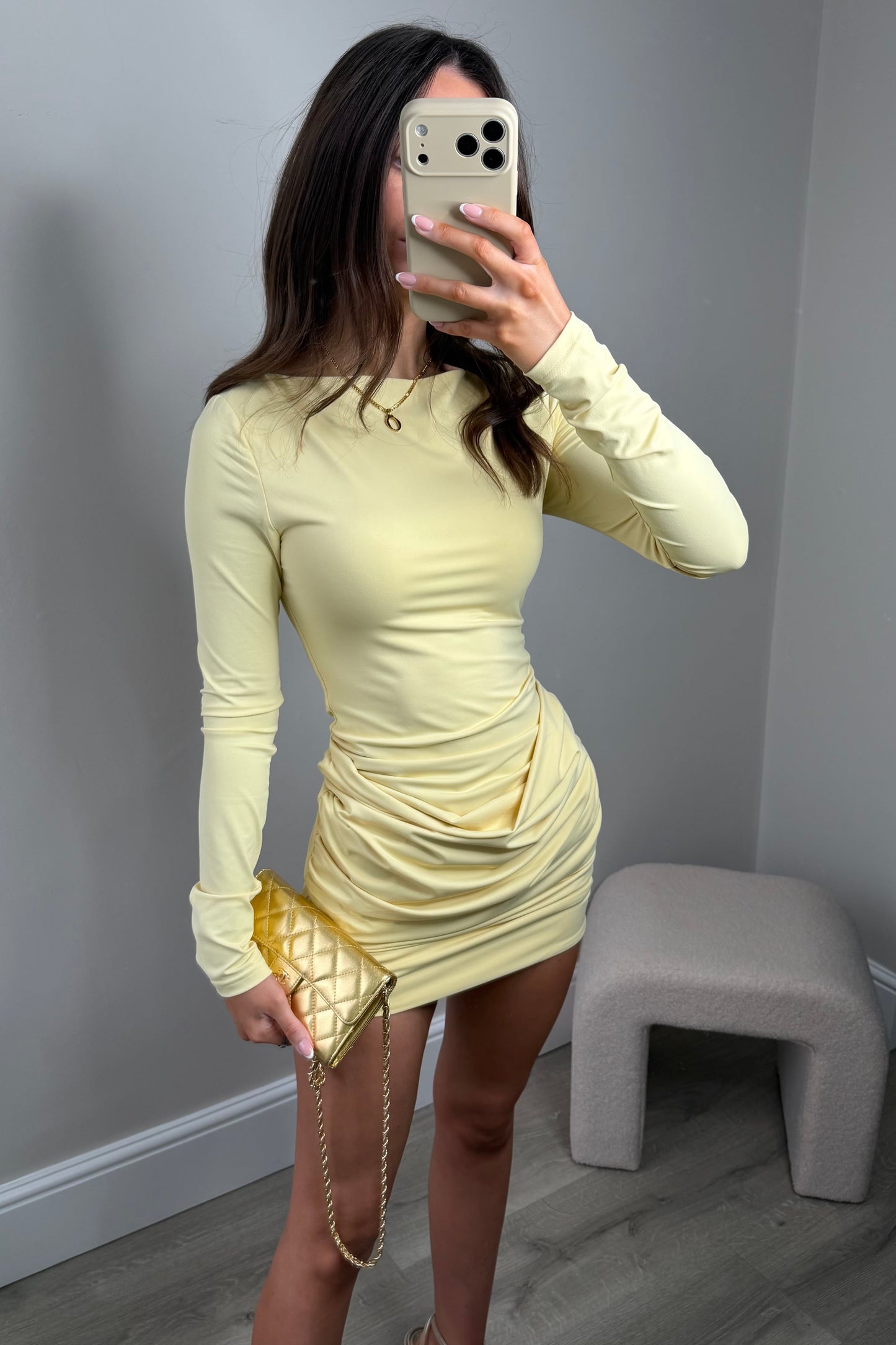 ‘ROSIE’ RUCHED SLINKY DRESS - YELLOW
