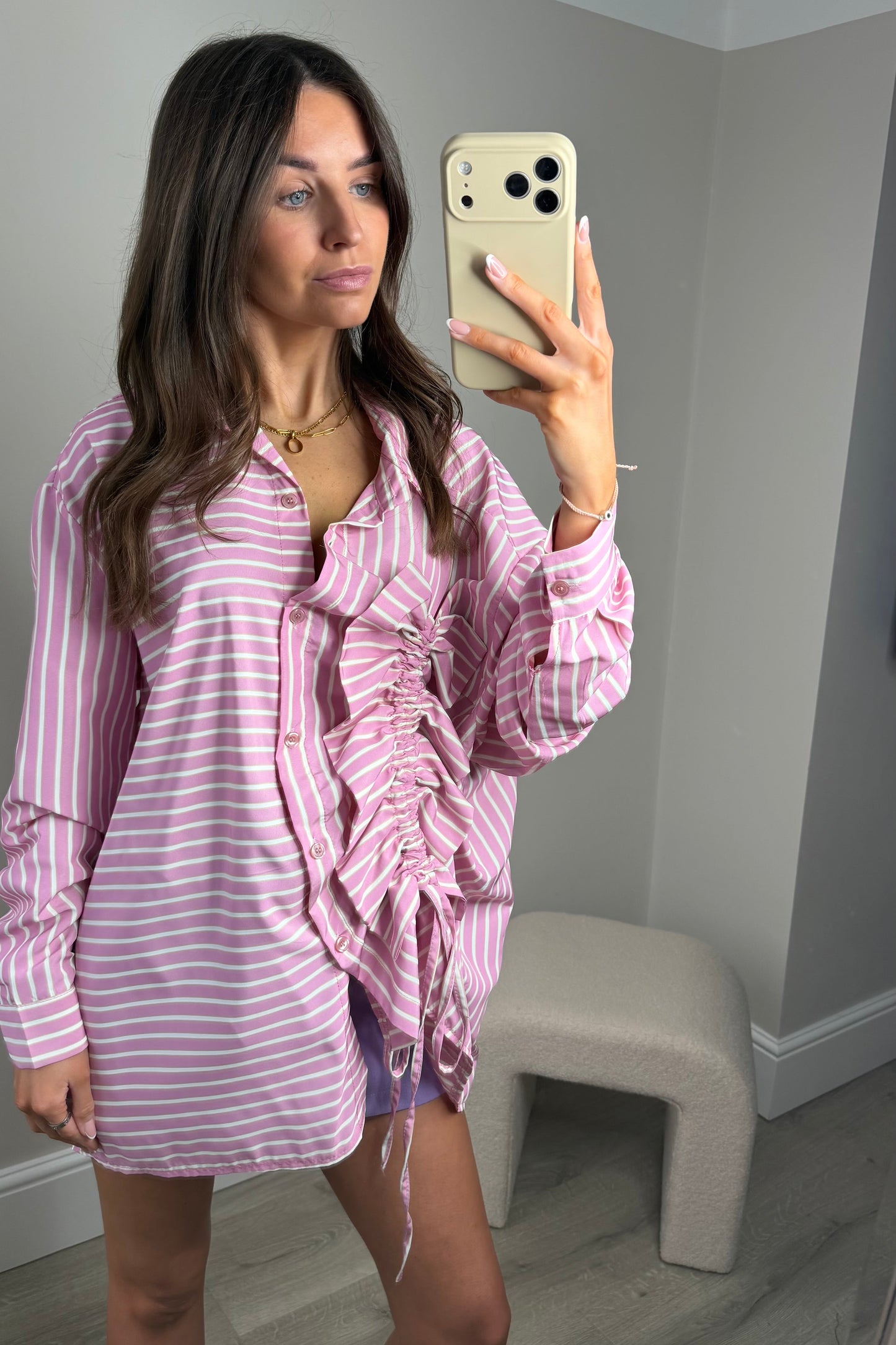 ‘ELSIE’ STRIPED RUCHED SHIRT - PINK