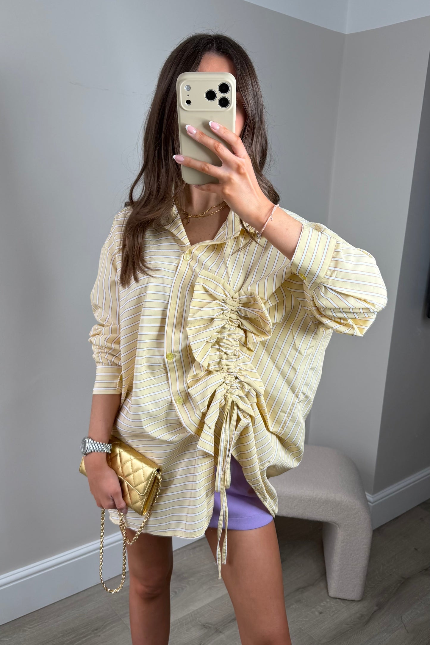 ‘ELSIE’ STRIPED RUCHED SHIRT - YELLOW
