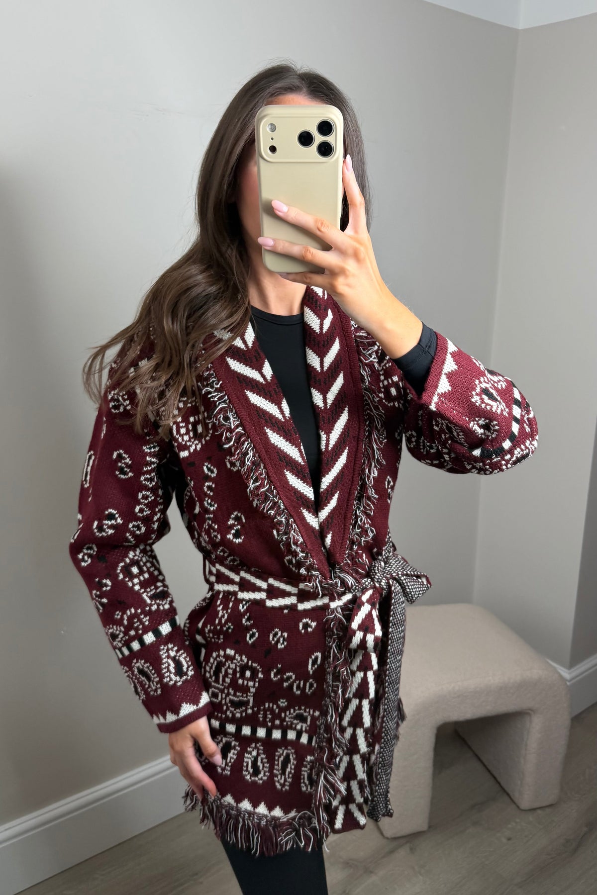PARI BANDANA FRINGE CARDIGAN - BURGUNDY