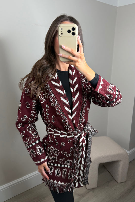 PARI BANDANA FRINGE CARDIGAN - BURGUNDY