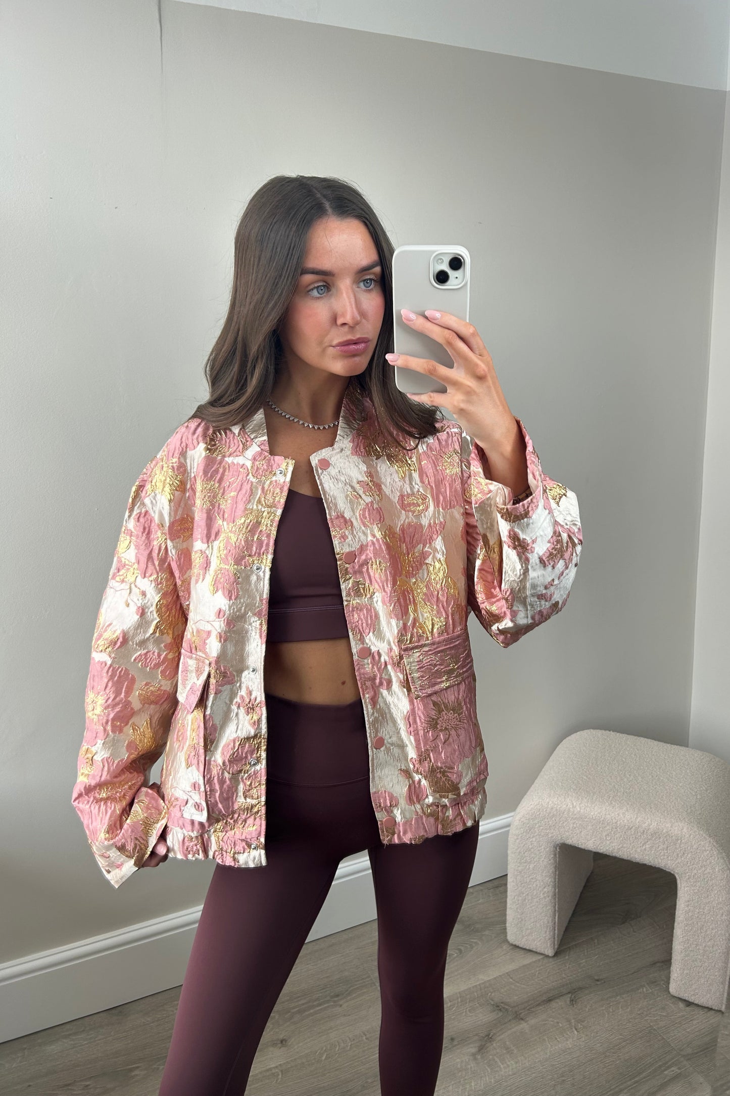 FLORAL METALLIC BOMBER JACKET - PINK